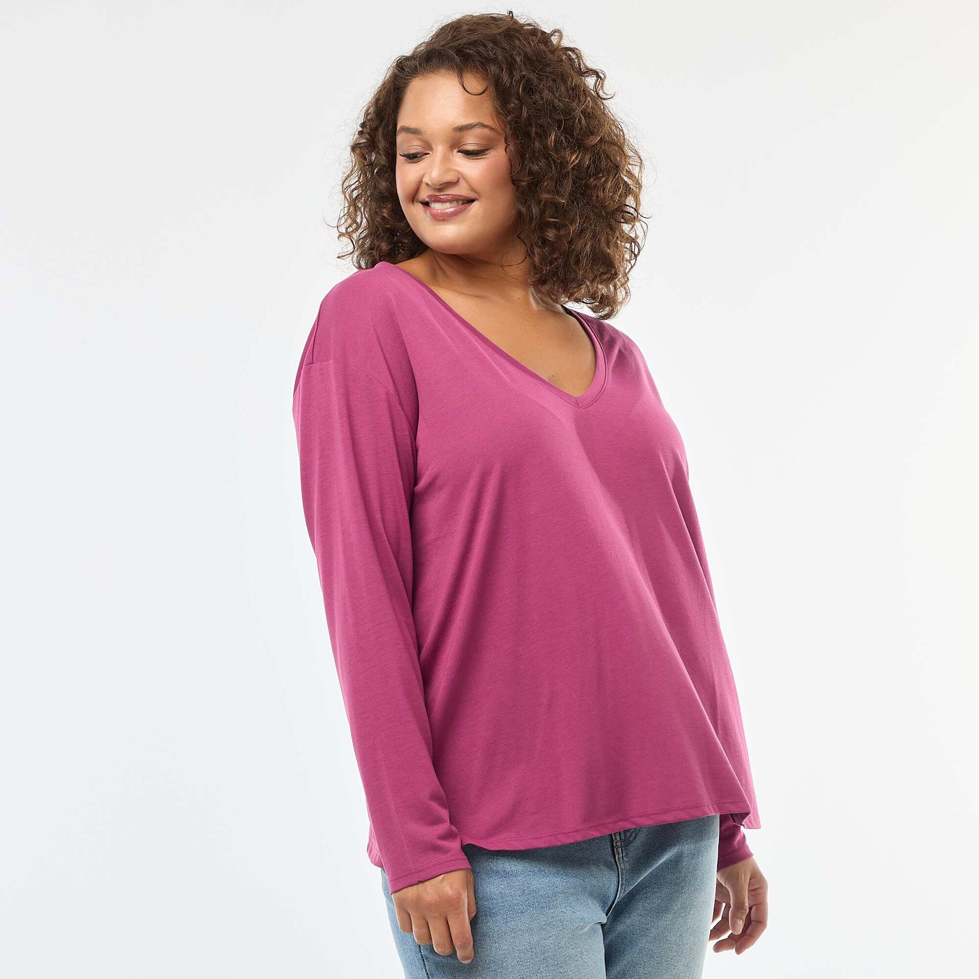 Tee-shirt basique col V et manches 3/4 ROSE