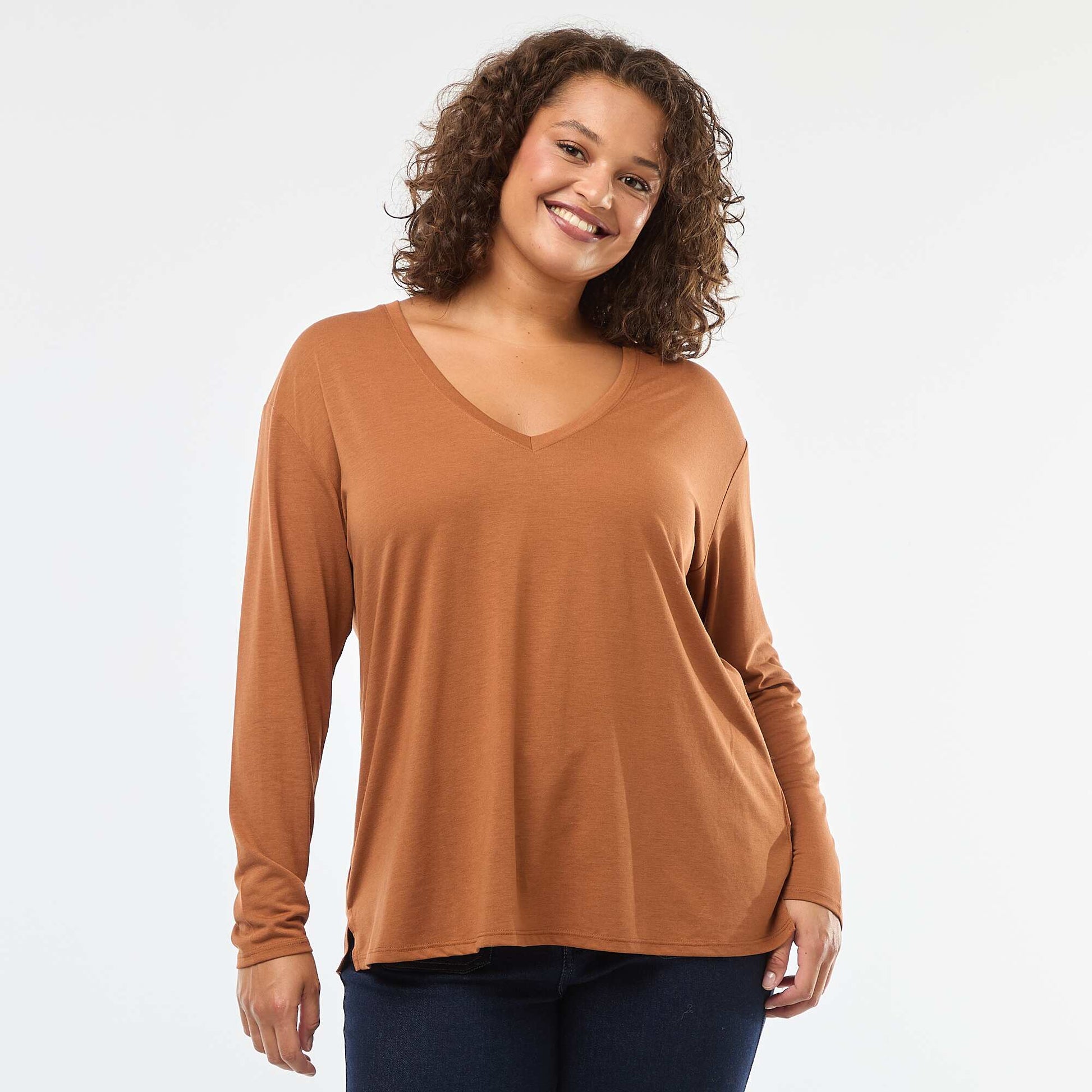 Tee-shirt basique col V et manches 3/4 MARRON