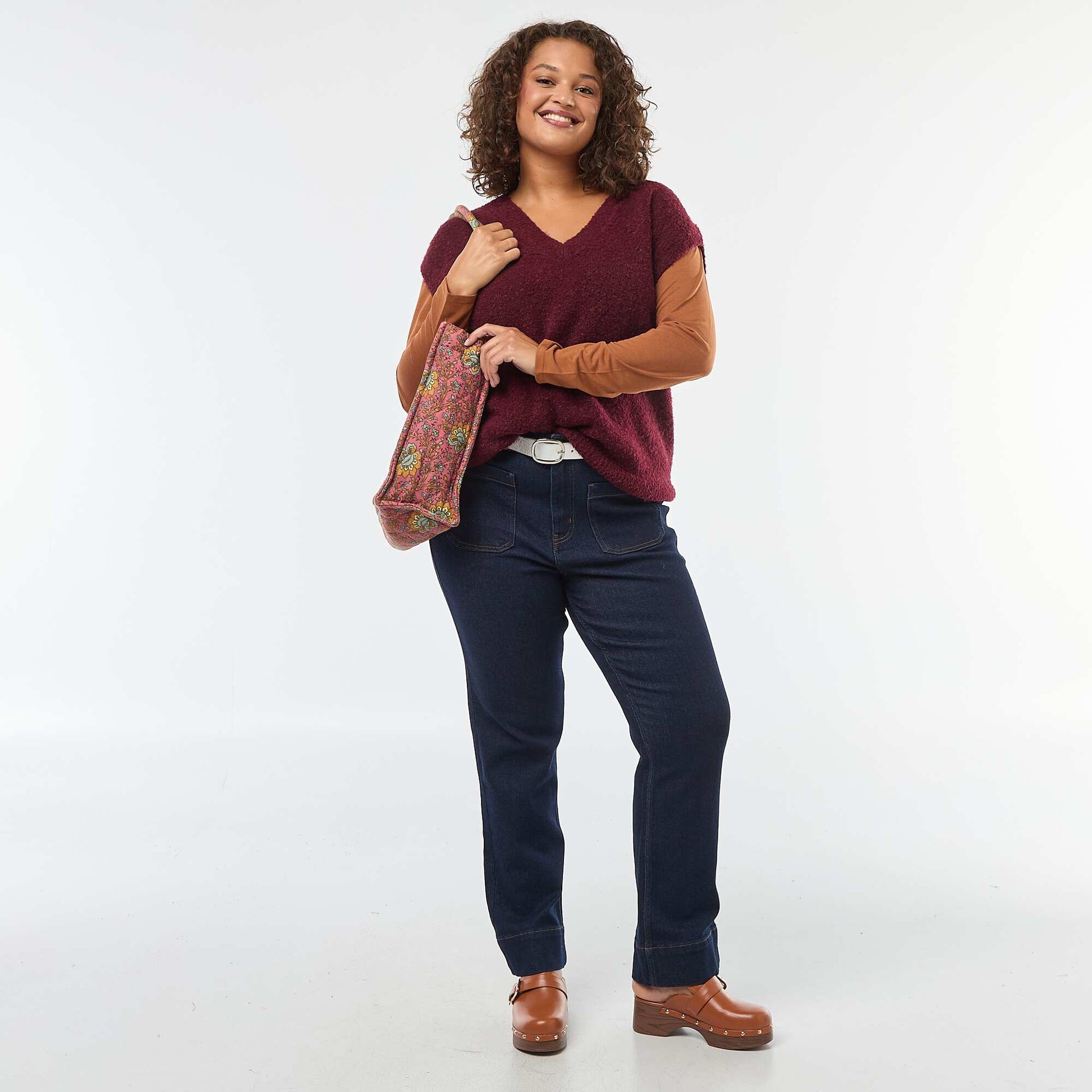 Tee-shirt basique col V et manches 3/4 MARRON