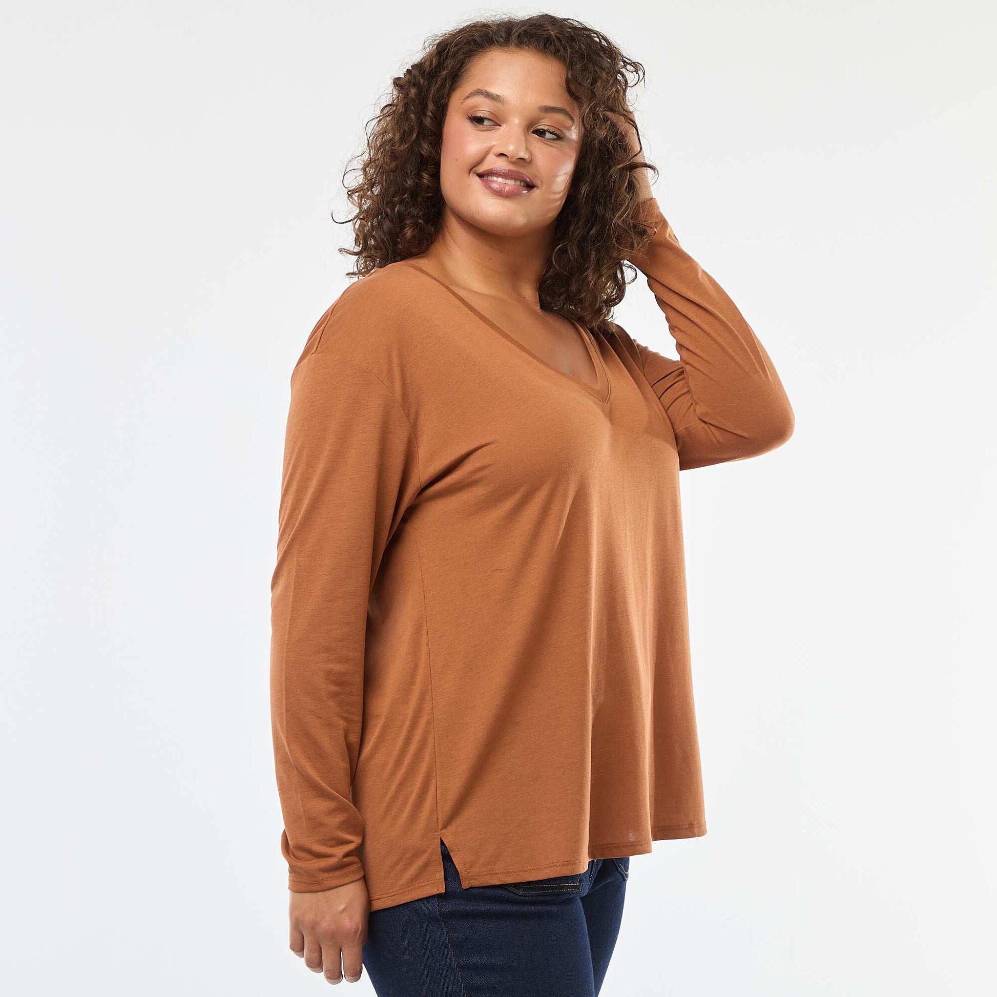 Tee-shirt basique col V et manches 3/4 MARRON