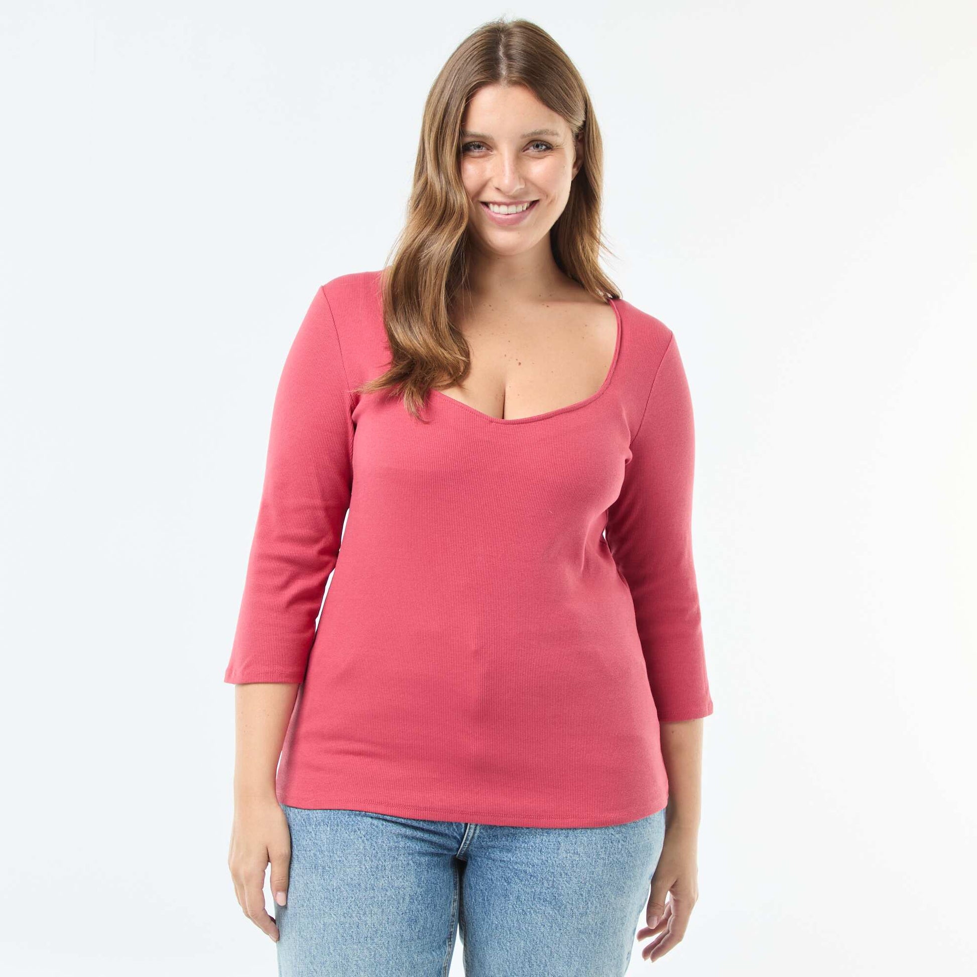 T-shirt côtelé avec large encolure ROUGE