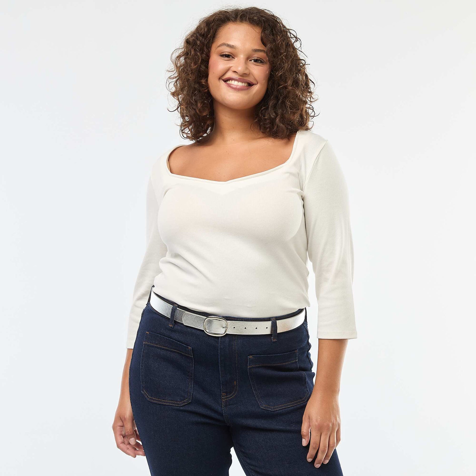 T-shirt côtelé avec large encolure BLANC