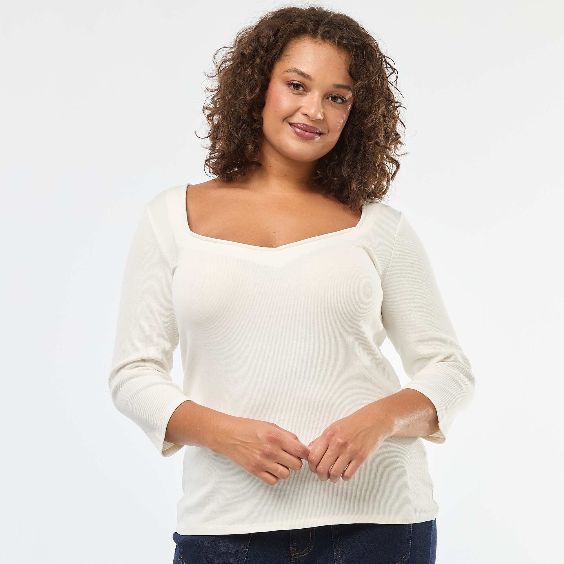 T-shirt côtelé avec large encolure BLANC