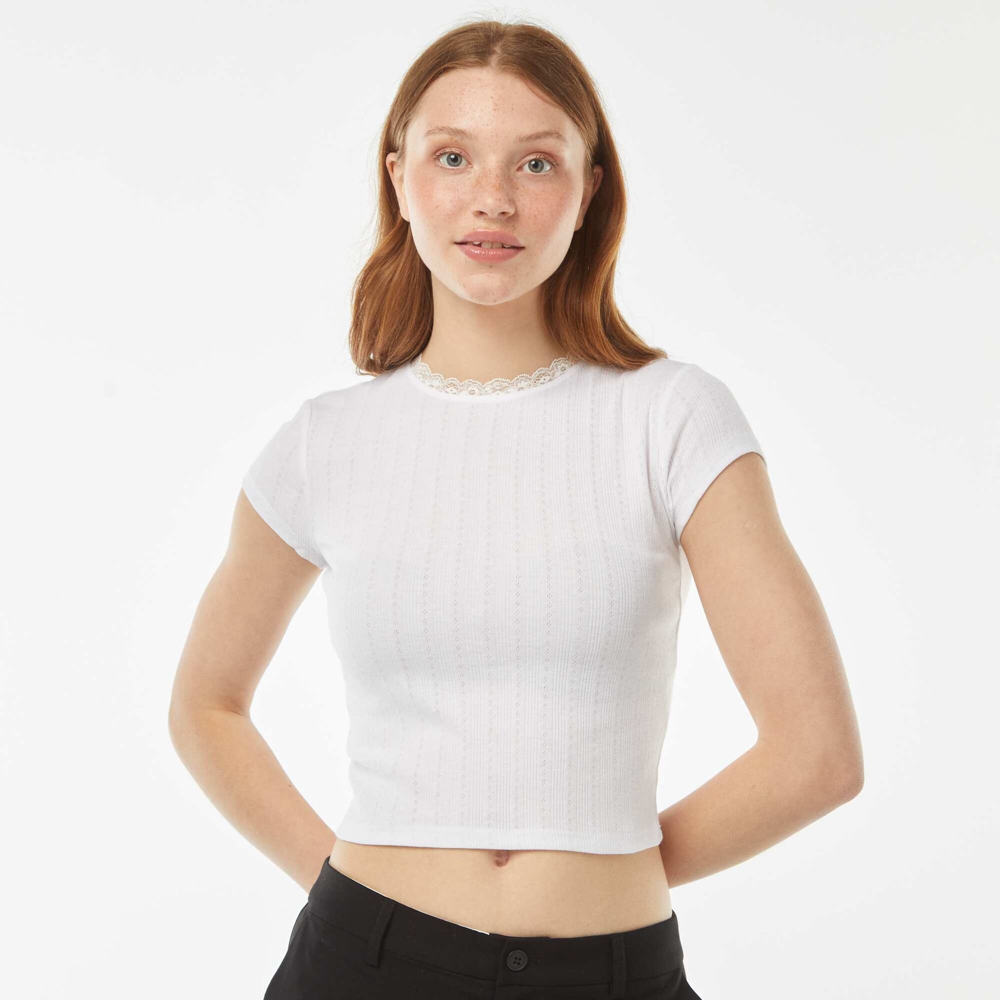T-shirt en pointelle à manches courtes BLANC