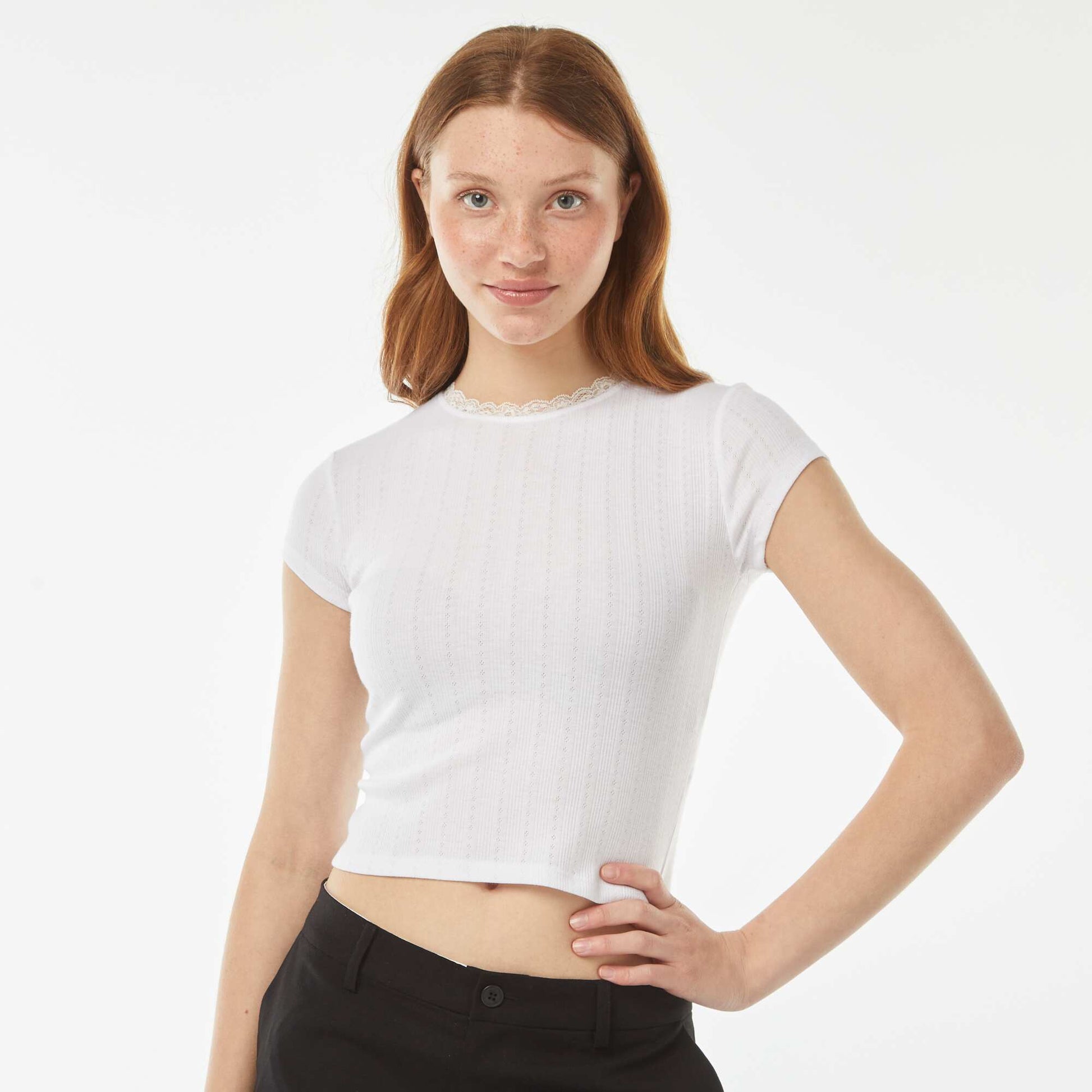 T-shirt en pointelle à manches courtes BLANC