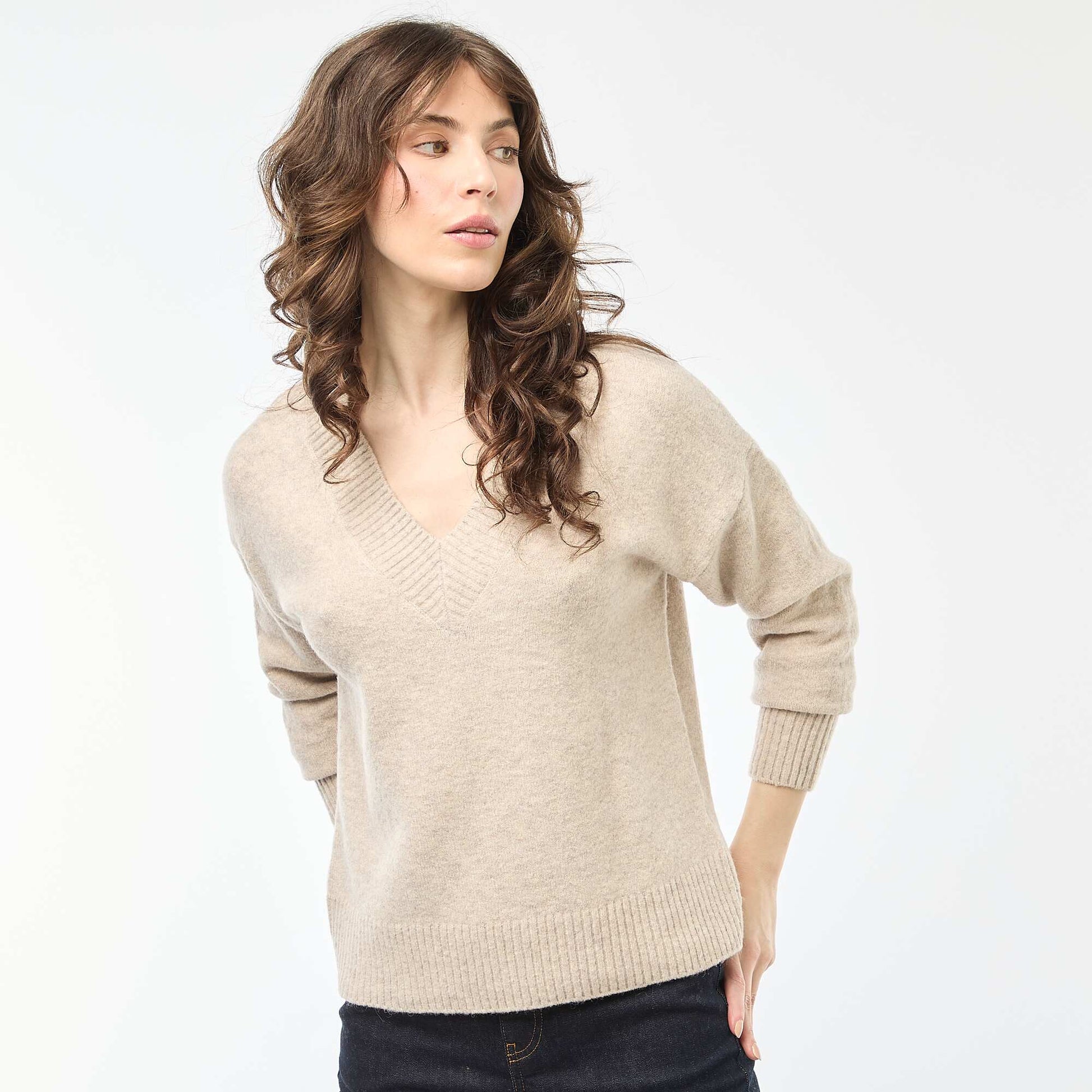 Pull col V uni BEIGE