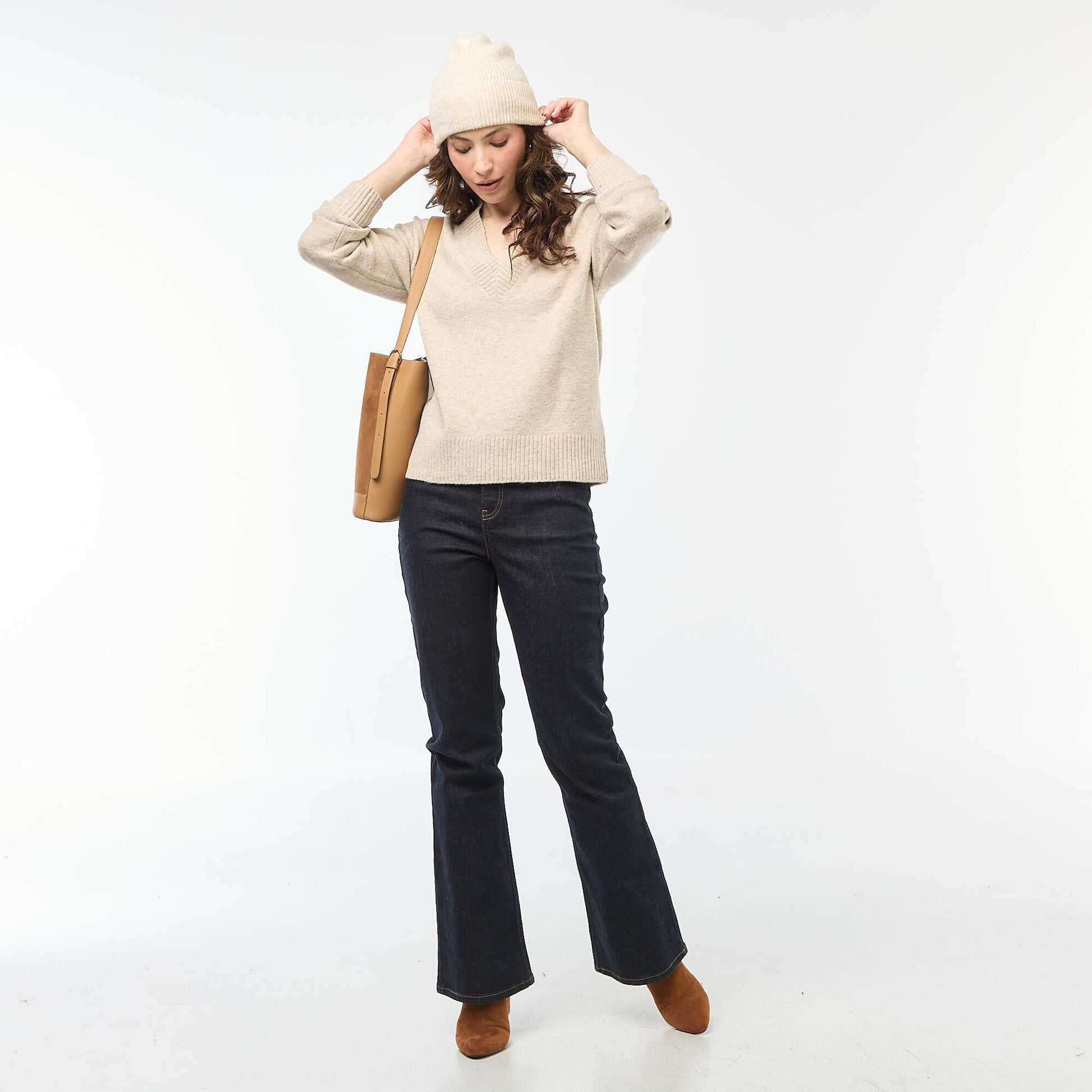 Pull col V uni BEIGE