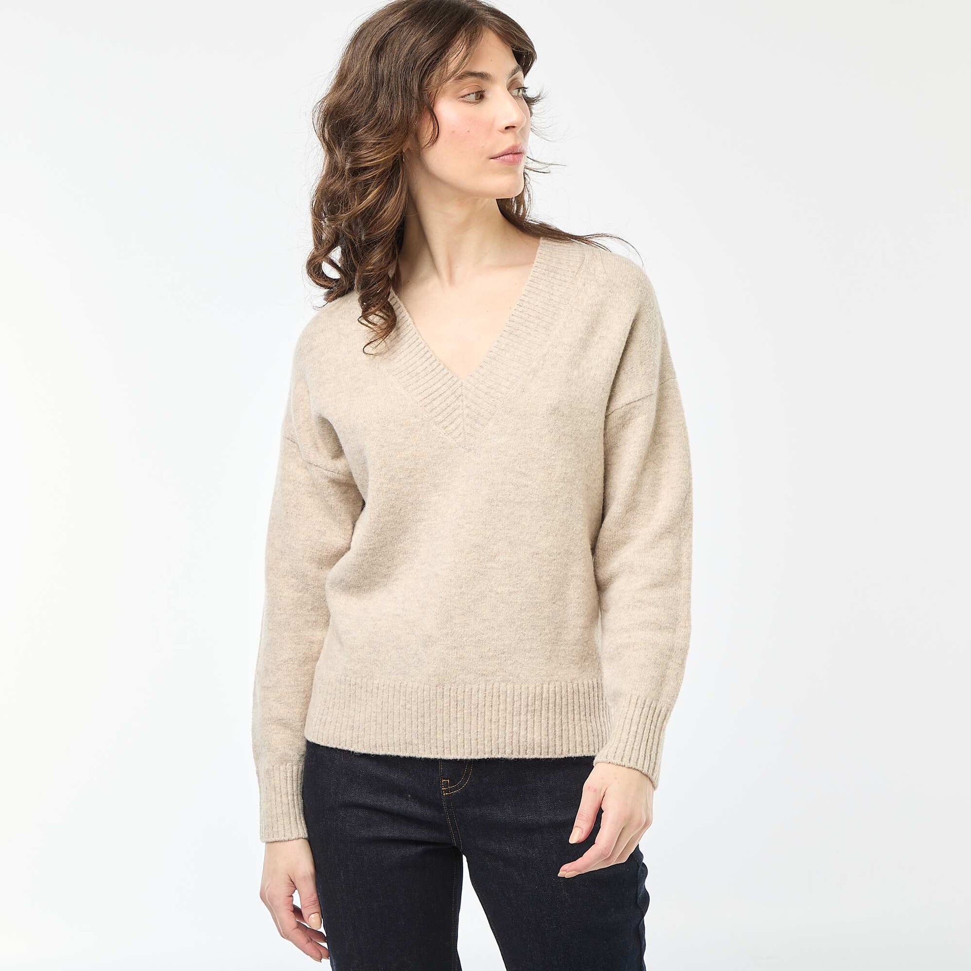 Pull col V uni BEIGE