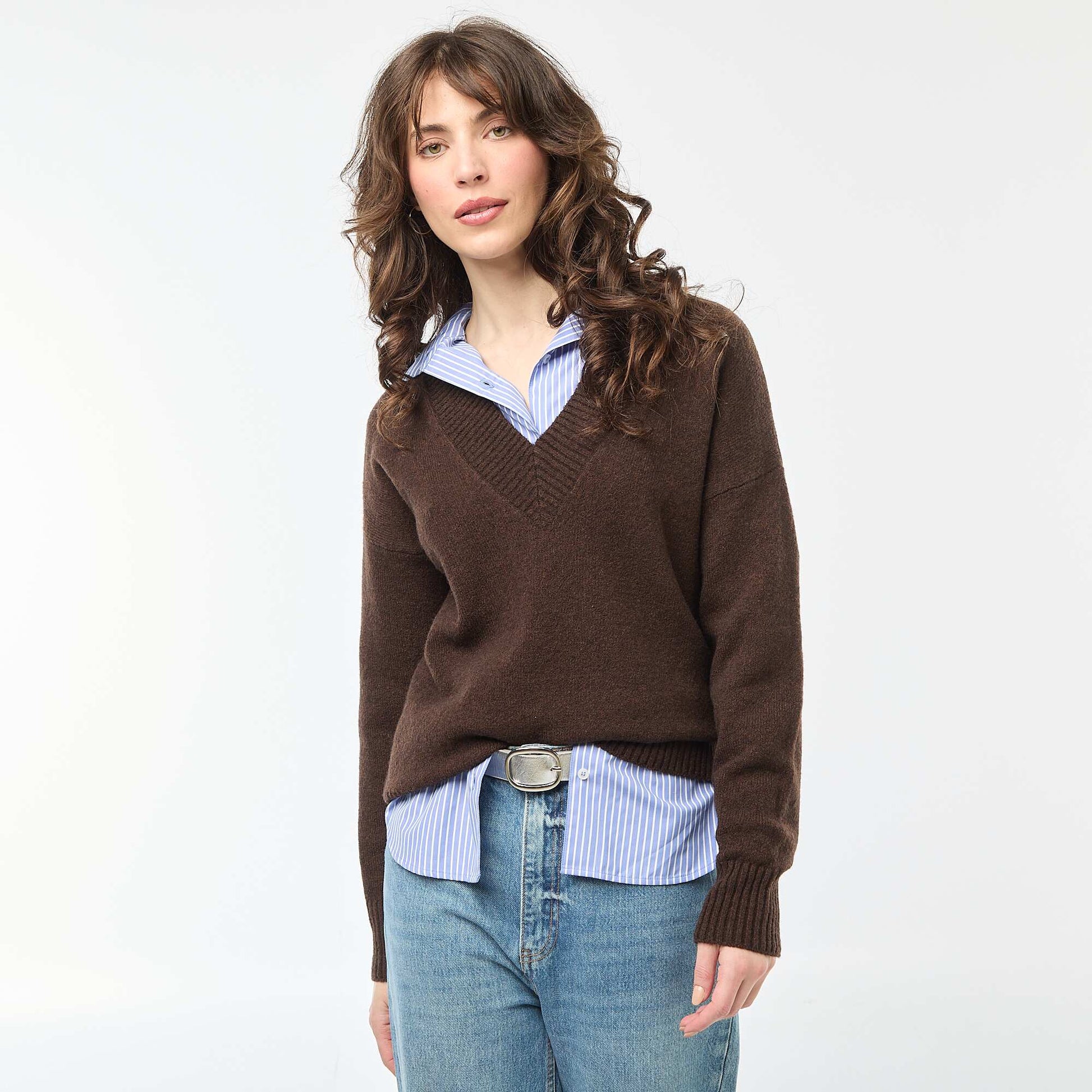 Pull col V uni MARRON
