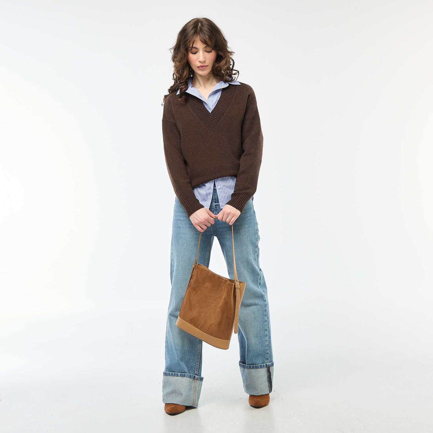 Pull col V uni MARRON
