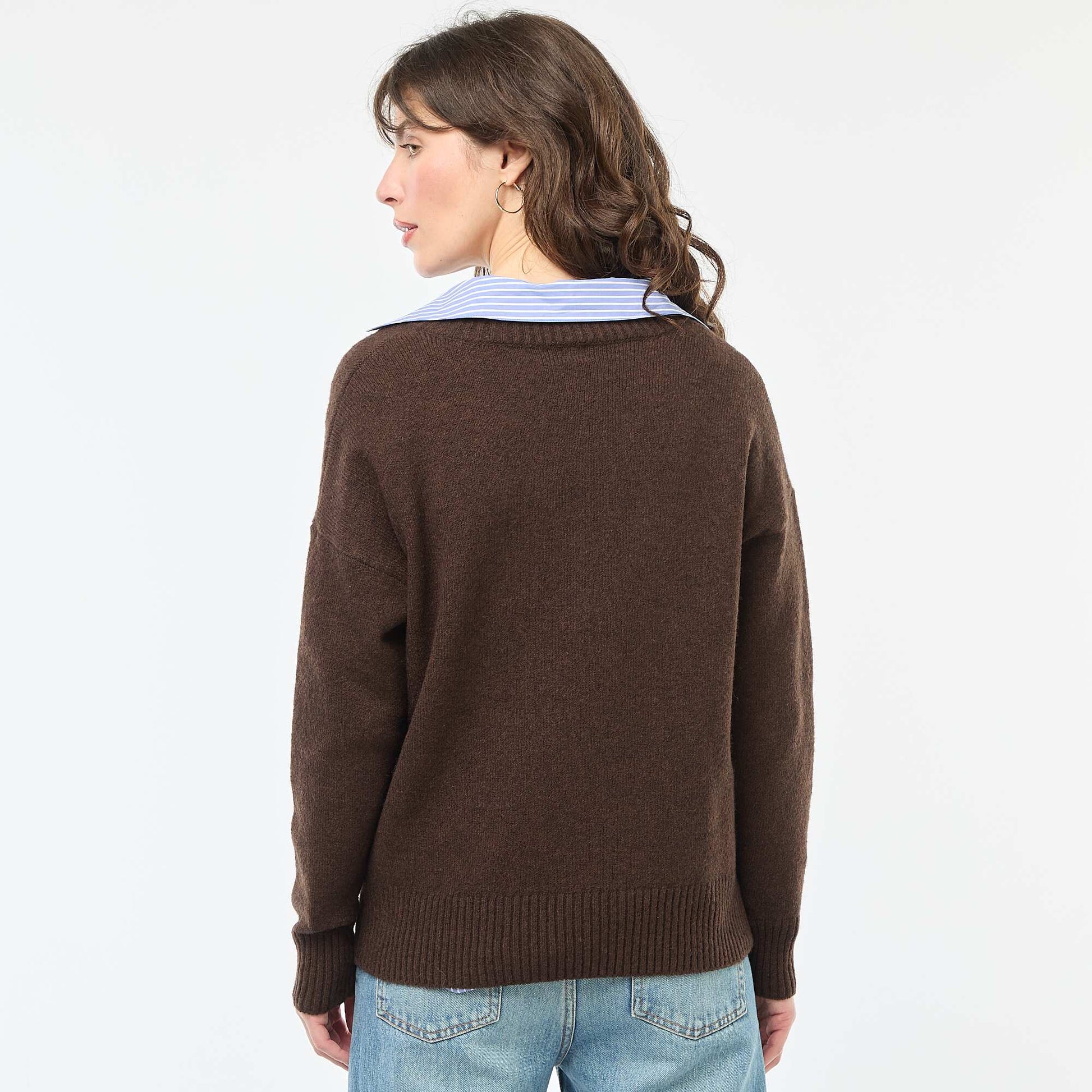 Pull col V uni MARRON
