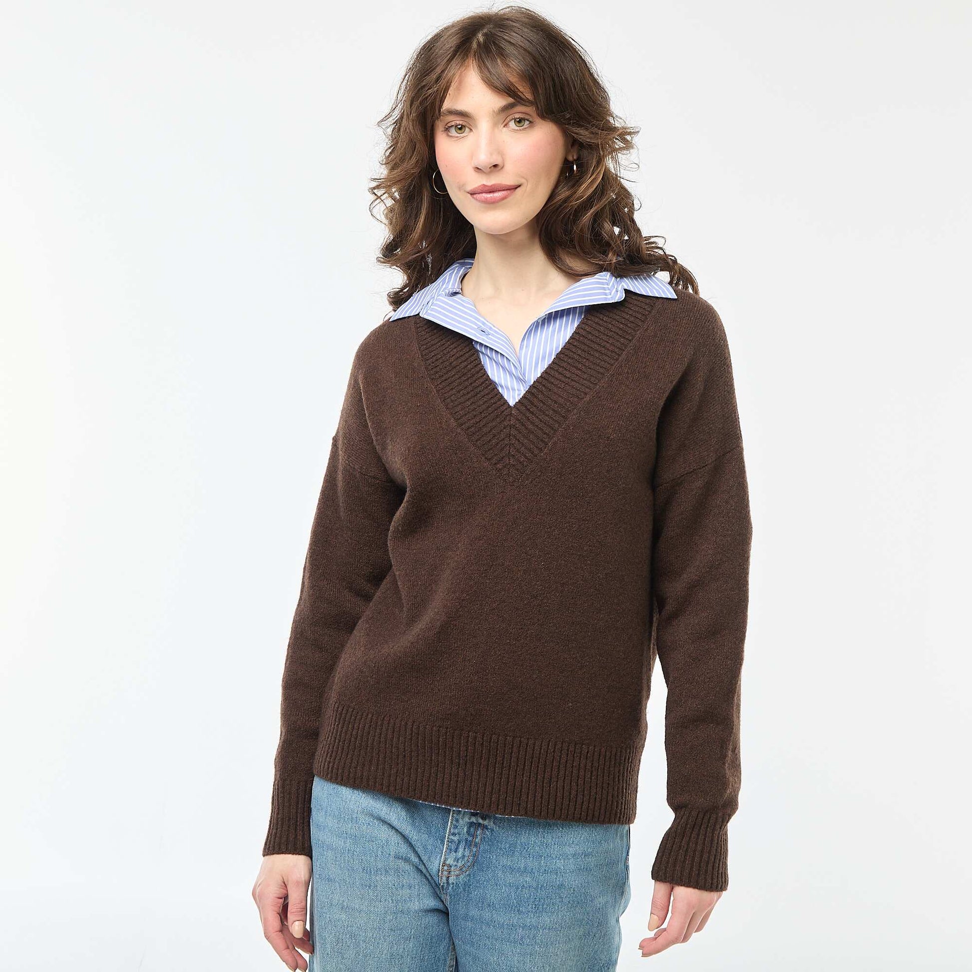 Pull col V uni MARRON
