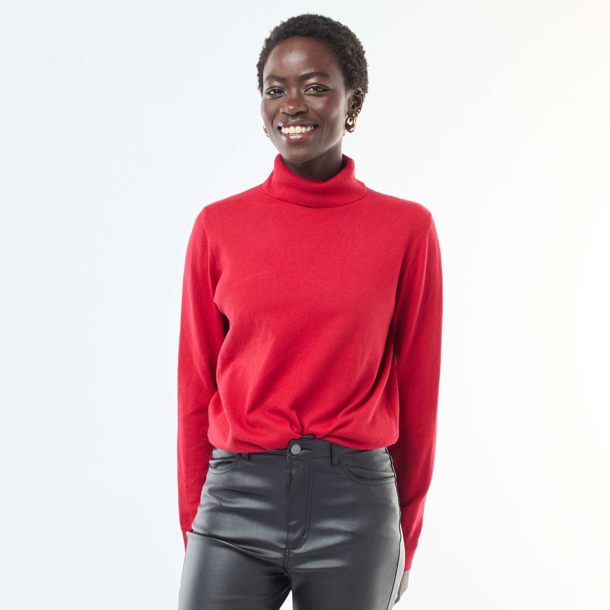Pull col roulé uni ROUGE