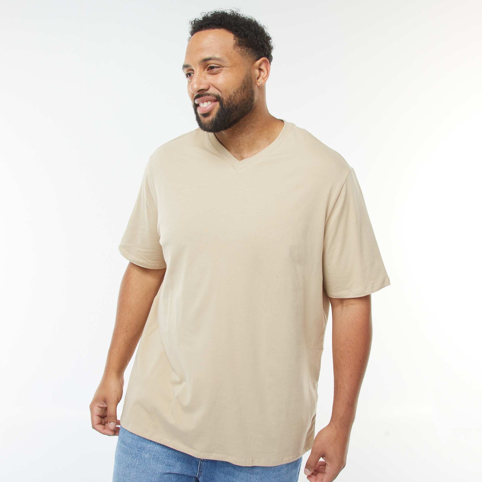 T-shirt en maille jersey manches courtes et col V BEIGE