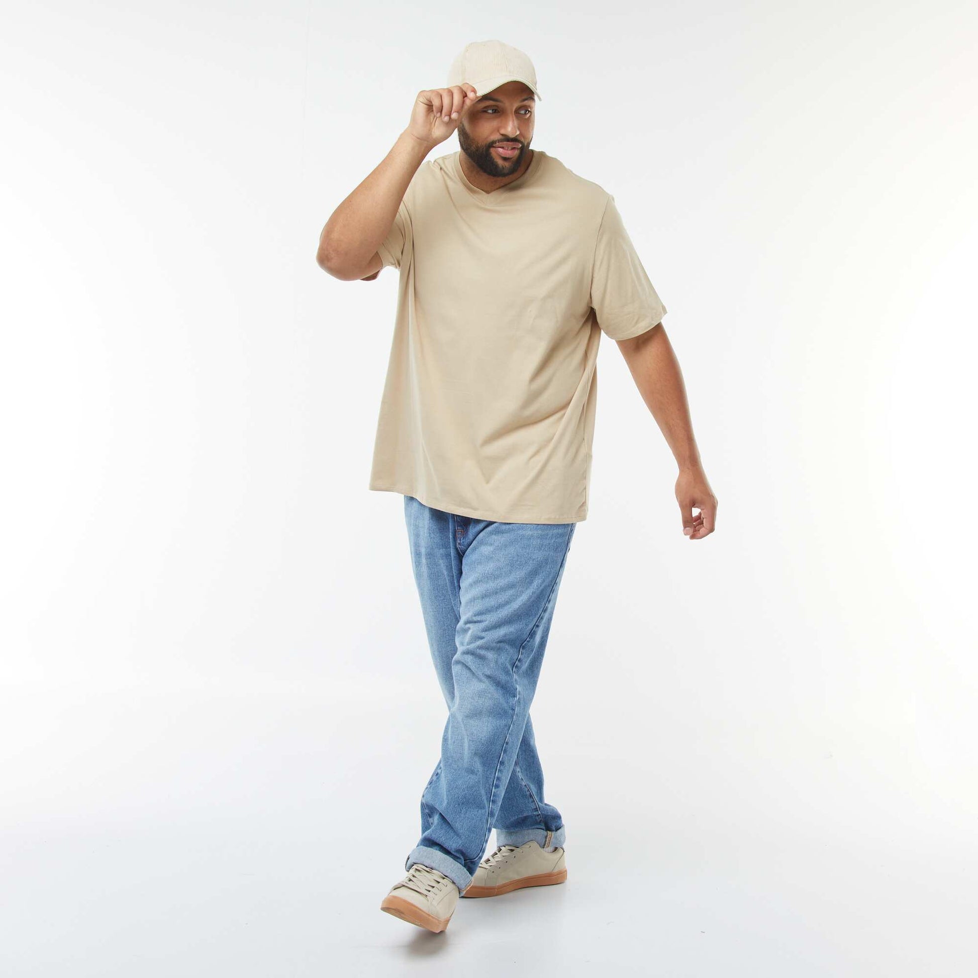 T-shirt en maille jersey manches courtes et col V BEIGE