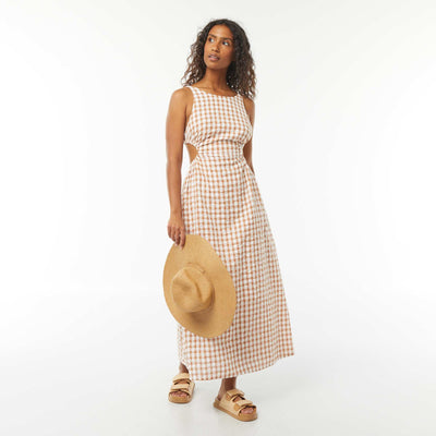 Robe midi avec dos nu et imprimé vichy BEIGE