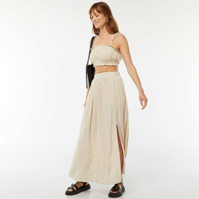 Jupe midi en lin mélangé avec 2 poches BEIGE