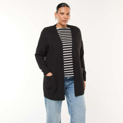 Gilet long en maille tricot avec 2 poches NOIR