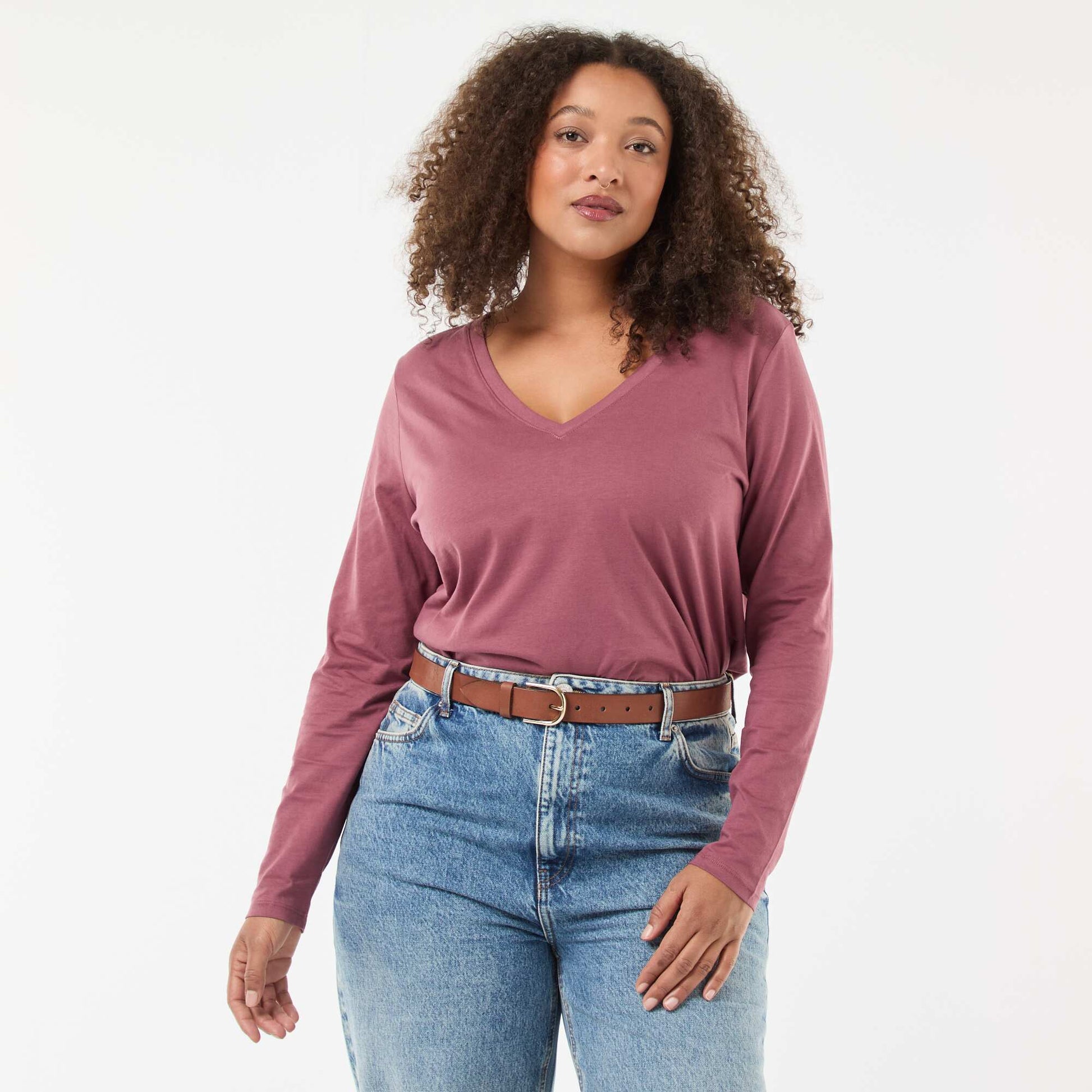 Tee-shirt en jersey avec col V et manches longues ROSE