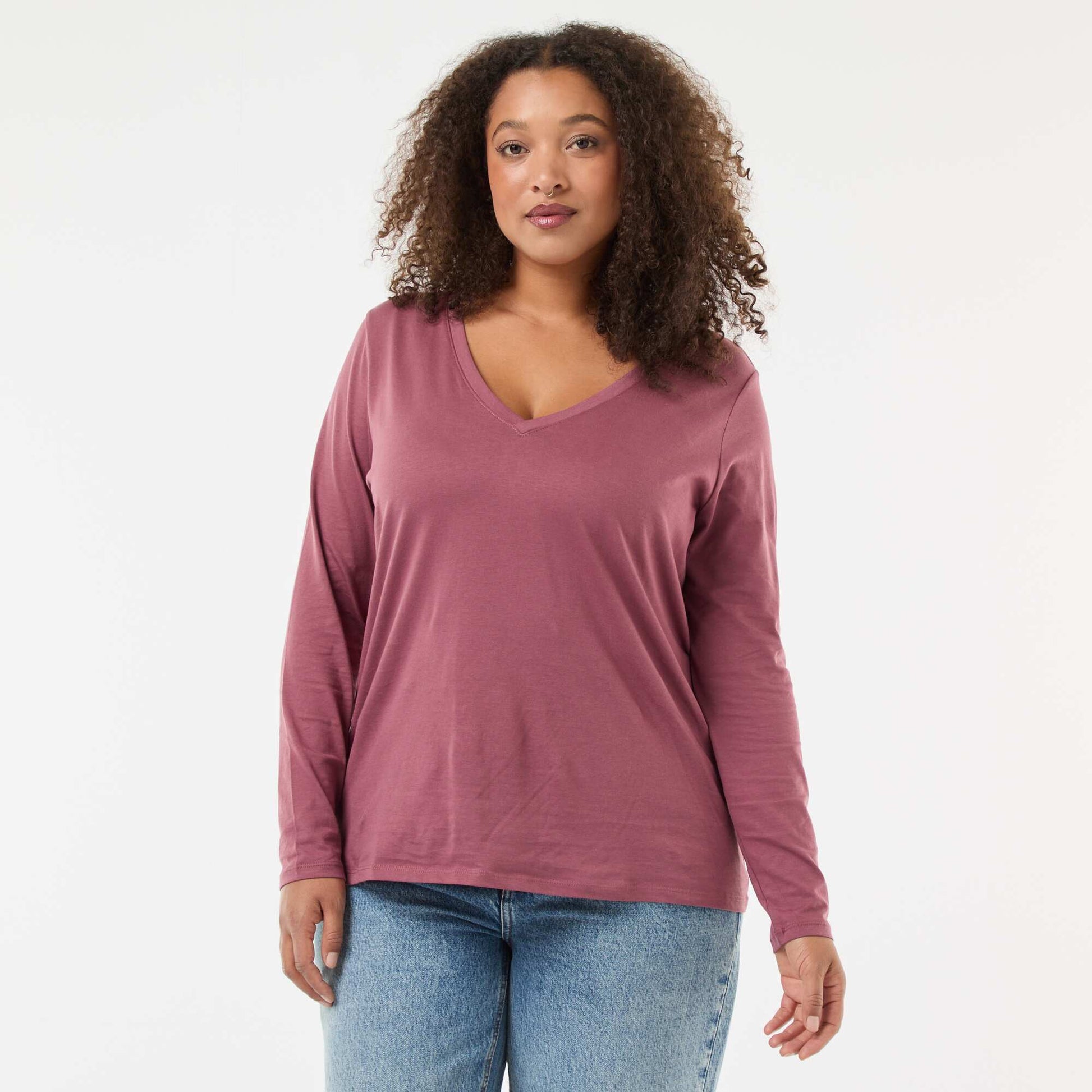Tee-shirt en jersey avec col V et manches longues ROSE