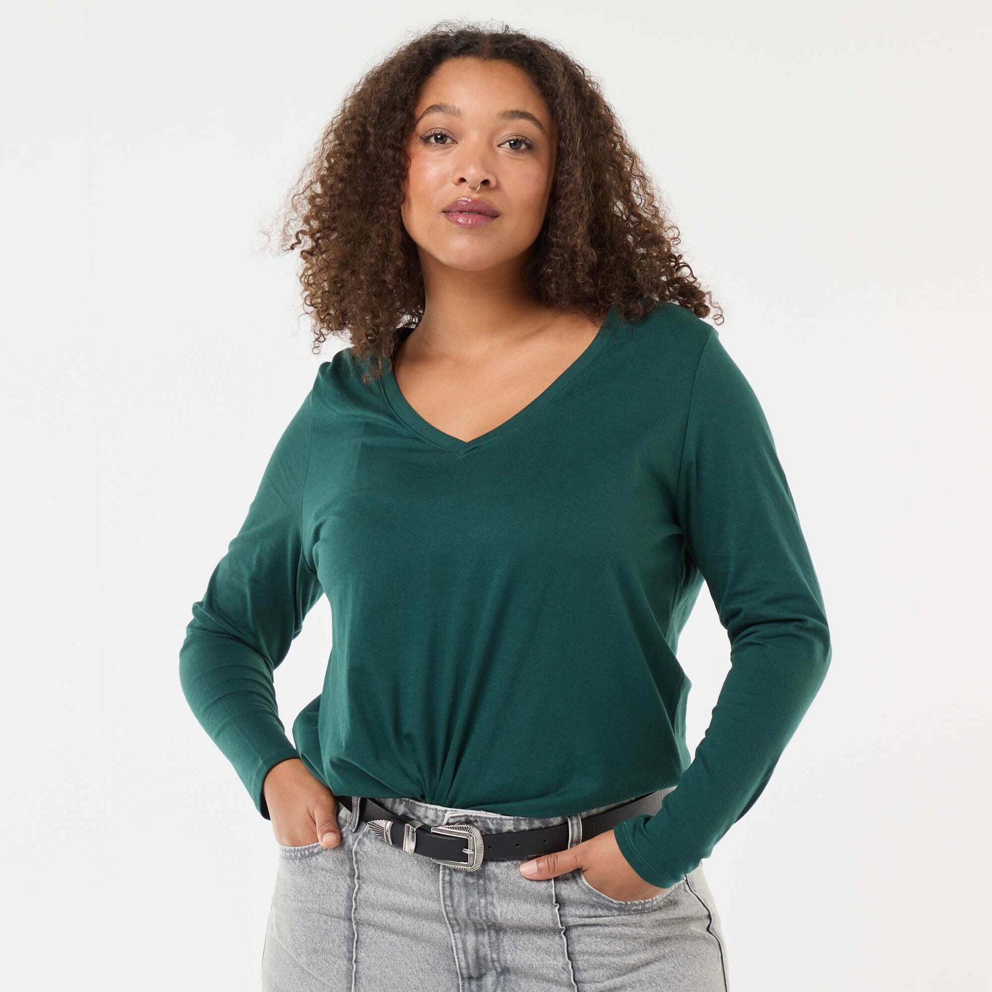 Tee-shirt en jersey avec col V et manches longues VERT