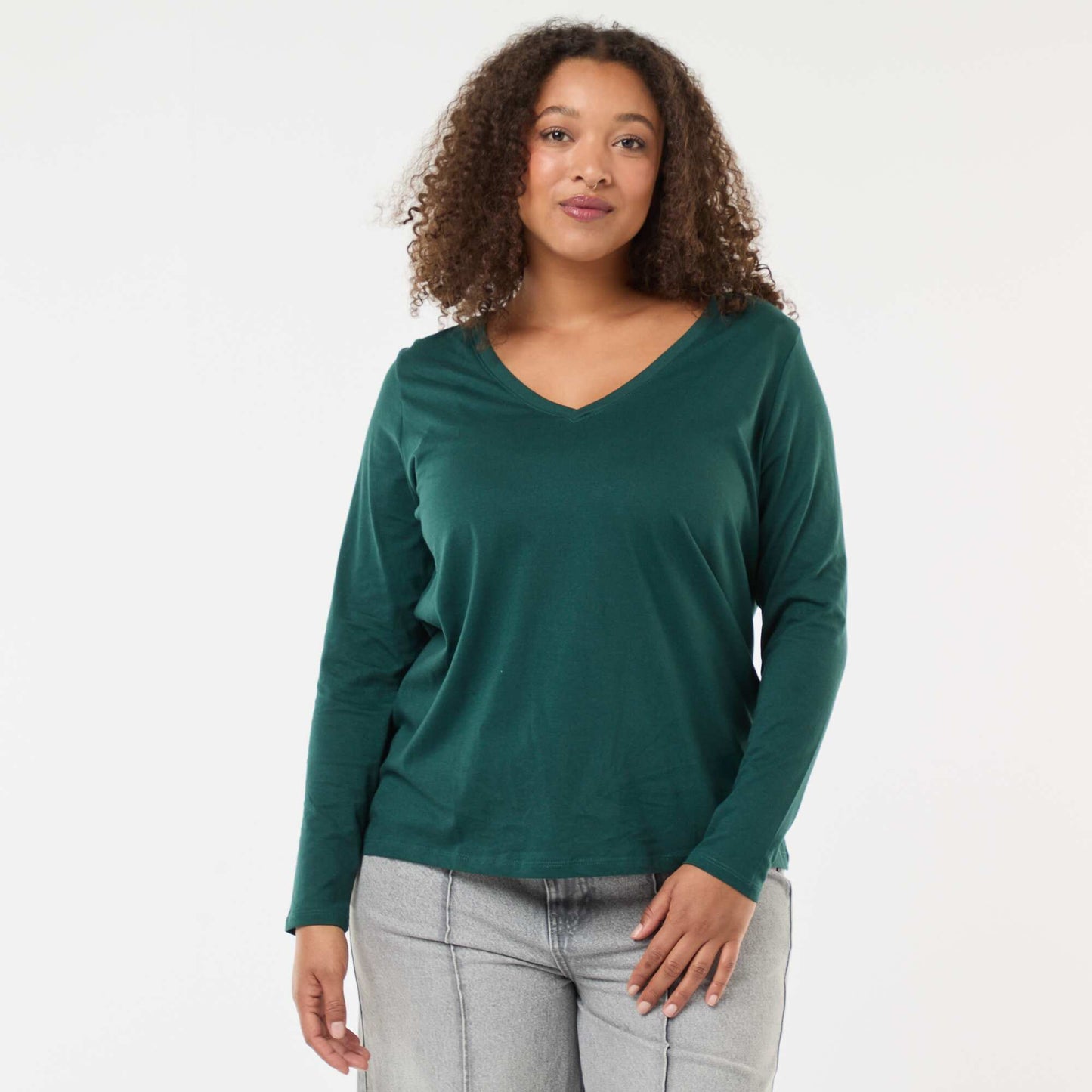 Tee-shirt en jersey avec col V et manches longues VERT
