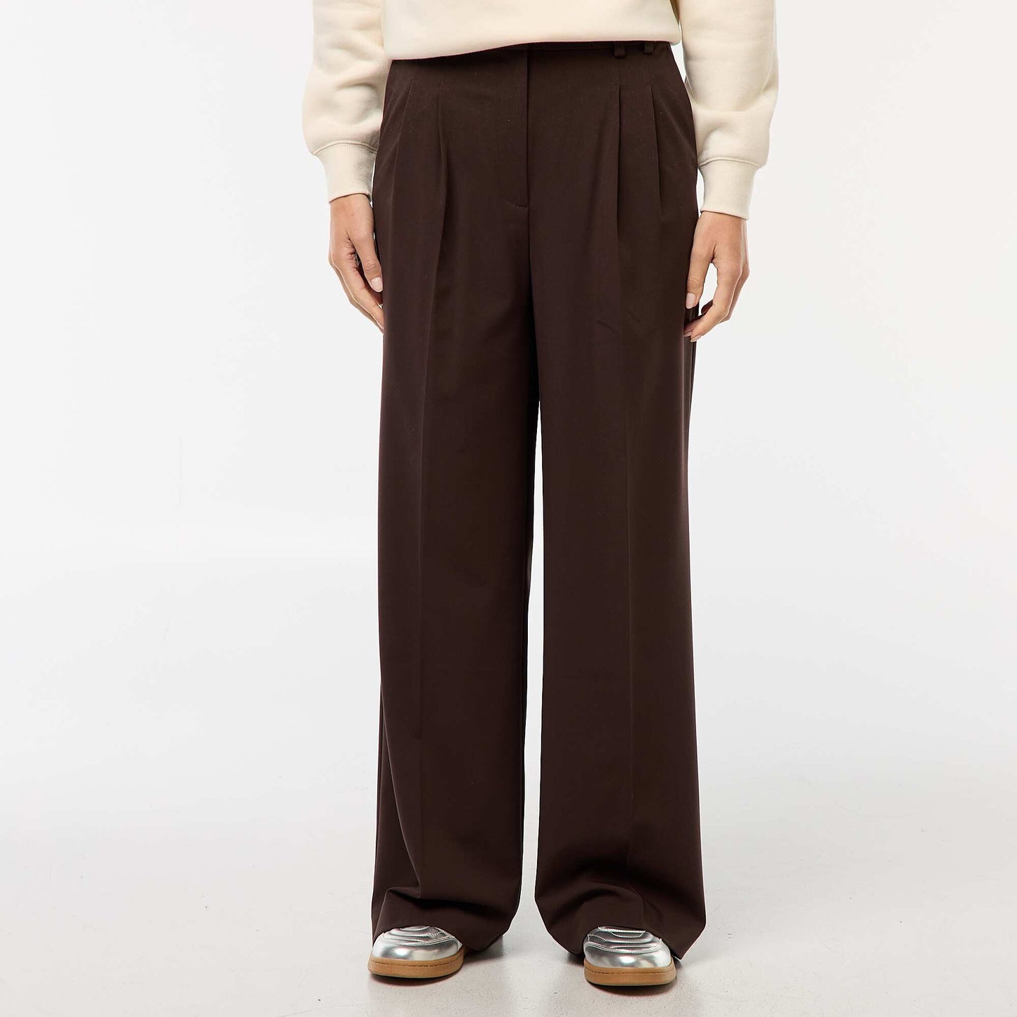 Pantalon large taille haute à 5 poches MARRON