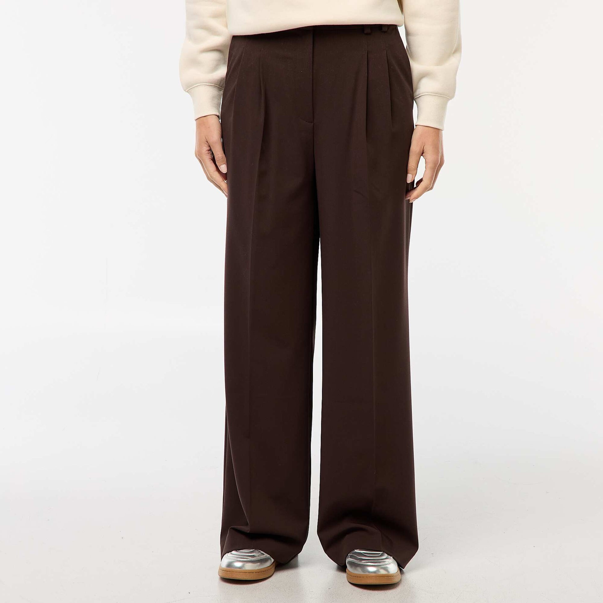 Pantalon large taille haute à 5 poches MARRON
