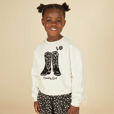 Sweat en molleton avec broderie et franges sur les manches BLANC