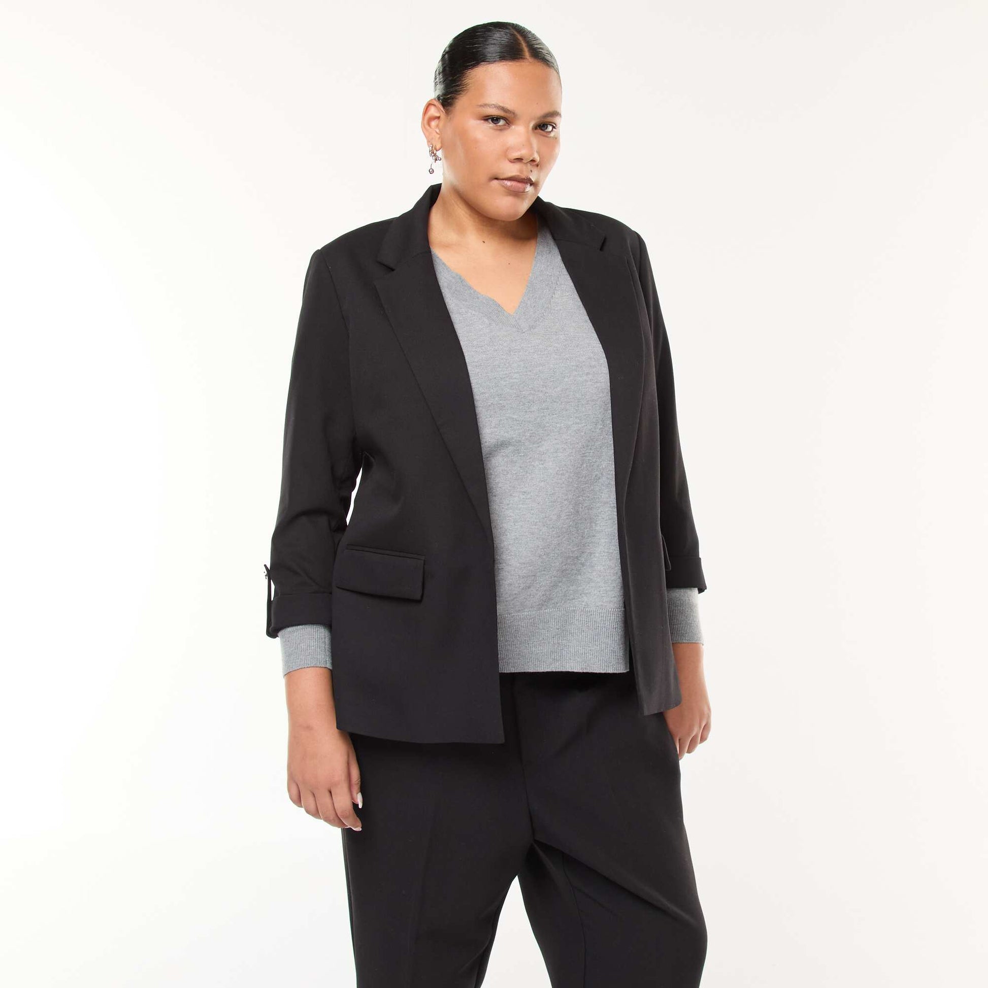Veste blazer longue uni avec revers aux poignets NOIR