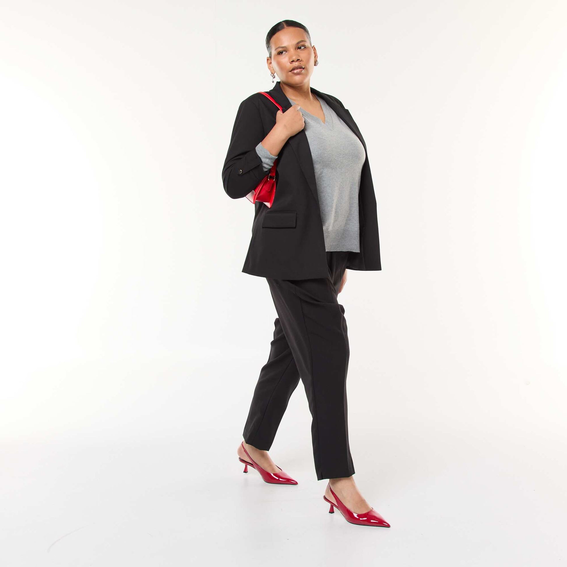 Veste blazer longue uni avec revers aux poignets NOIR