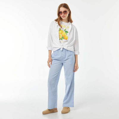 Pantalon large style pyjama BLEU/BLANC