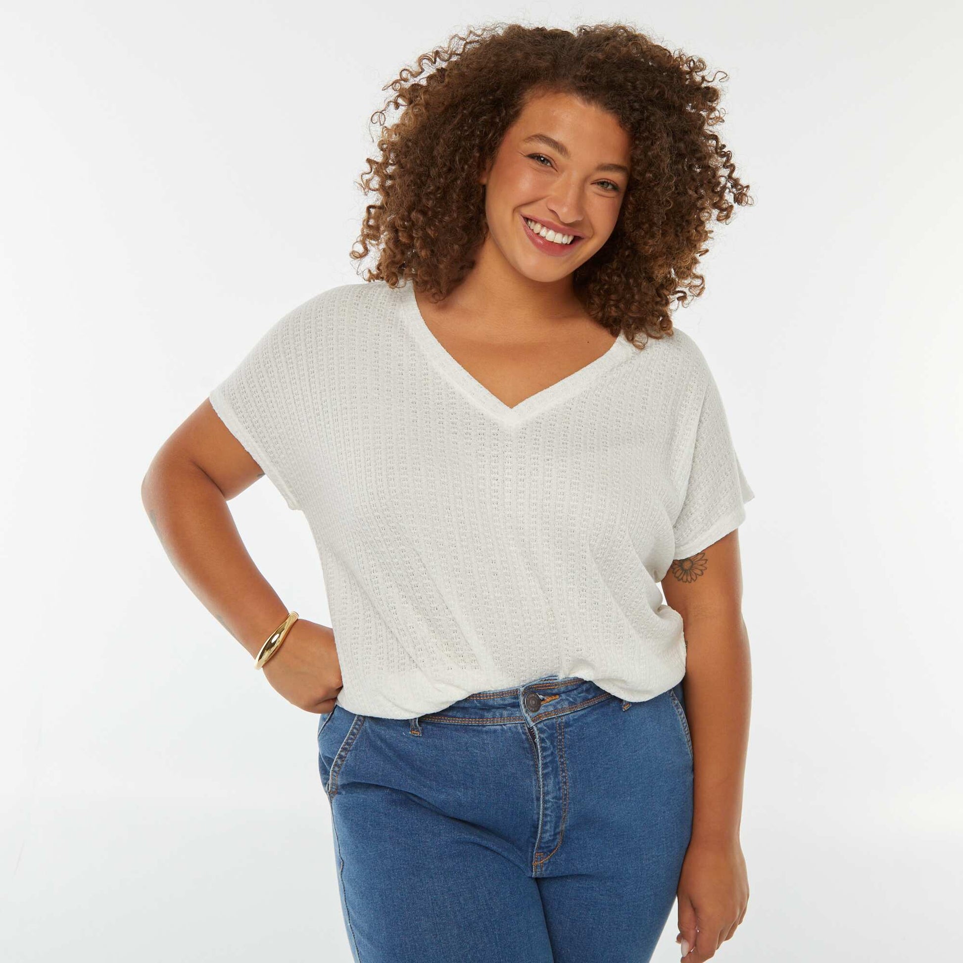 T-shirt en maille gaufrée et ajourée à manches courtes BLANC