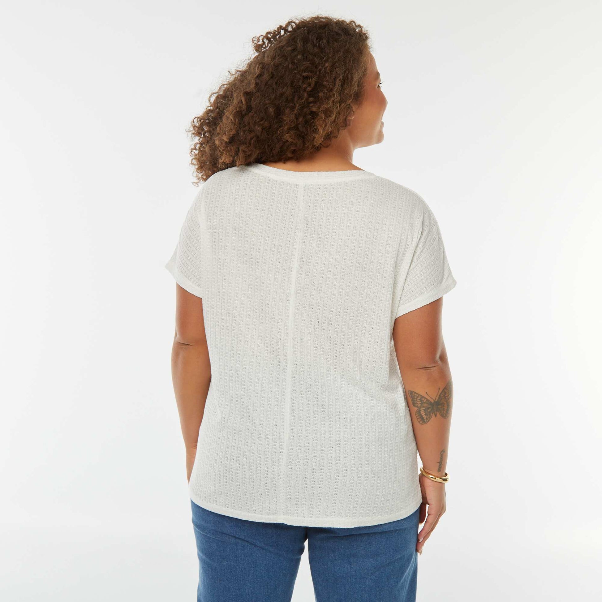 T-shirt en maille gaufrée et ajourée à manches courtes BLANC