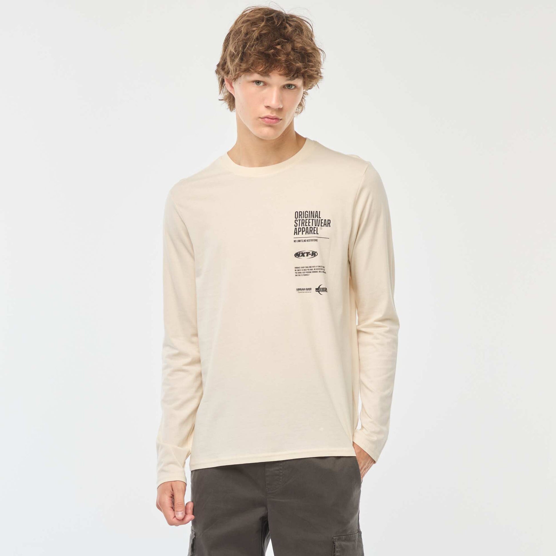 T-shirt à manches longues imprimées devant BLANC