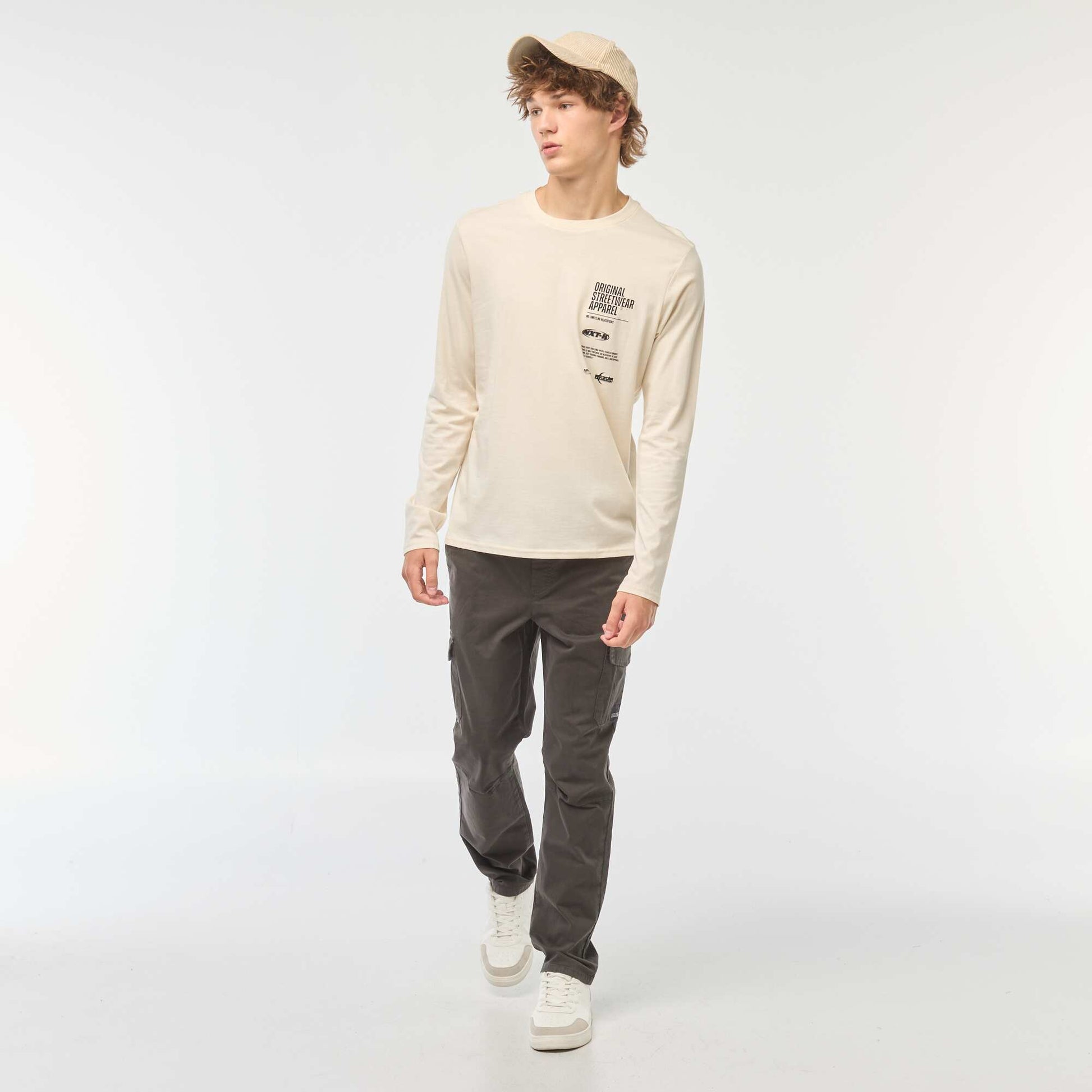 T-shirt à manches longues imprimées devant BLANC