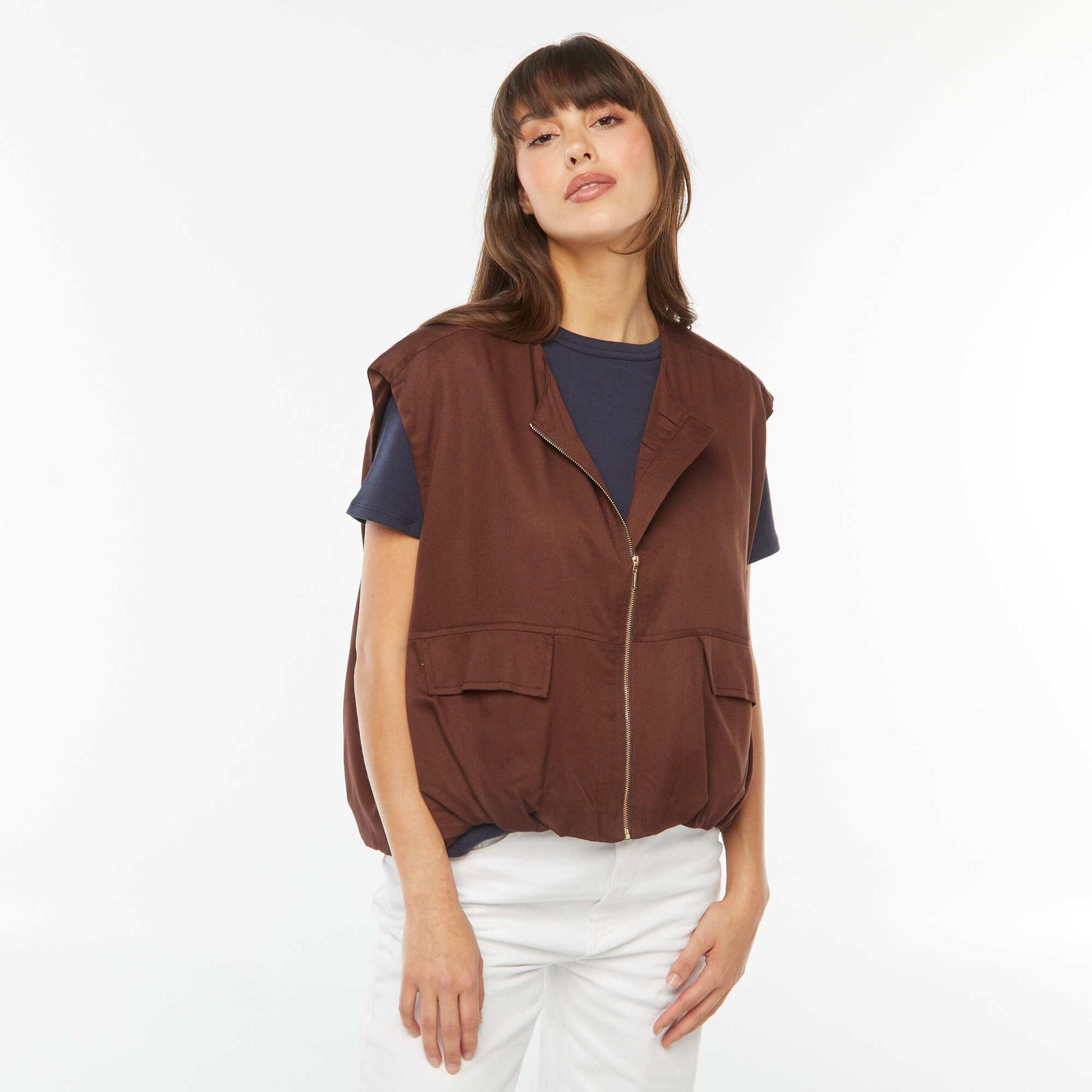 Veste sans manches satinée et zippée MARRON