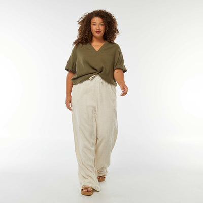 Pantalon large maille reliefée en lin mélangé BEIGE