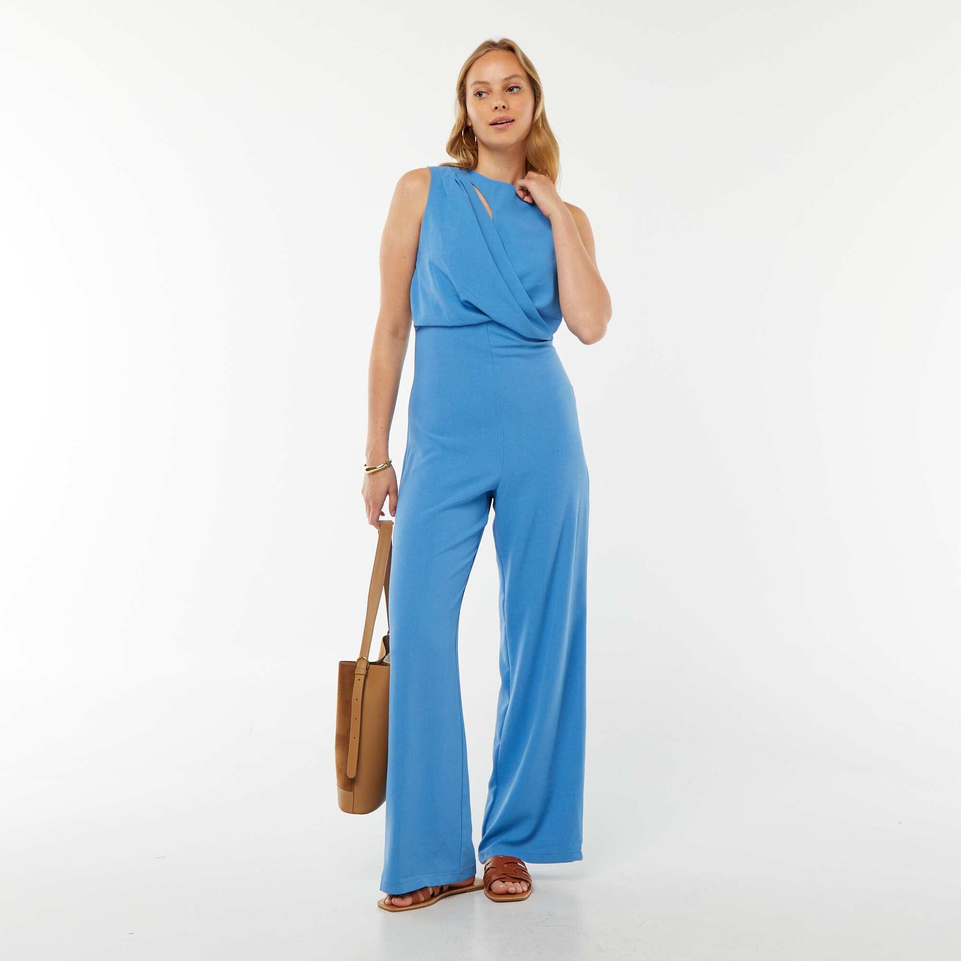 Combinaison pantalon sans manches avec ouverture fantaisie à l'avant BLEU