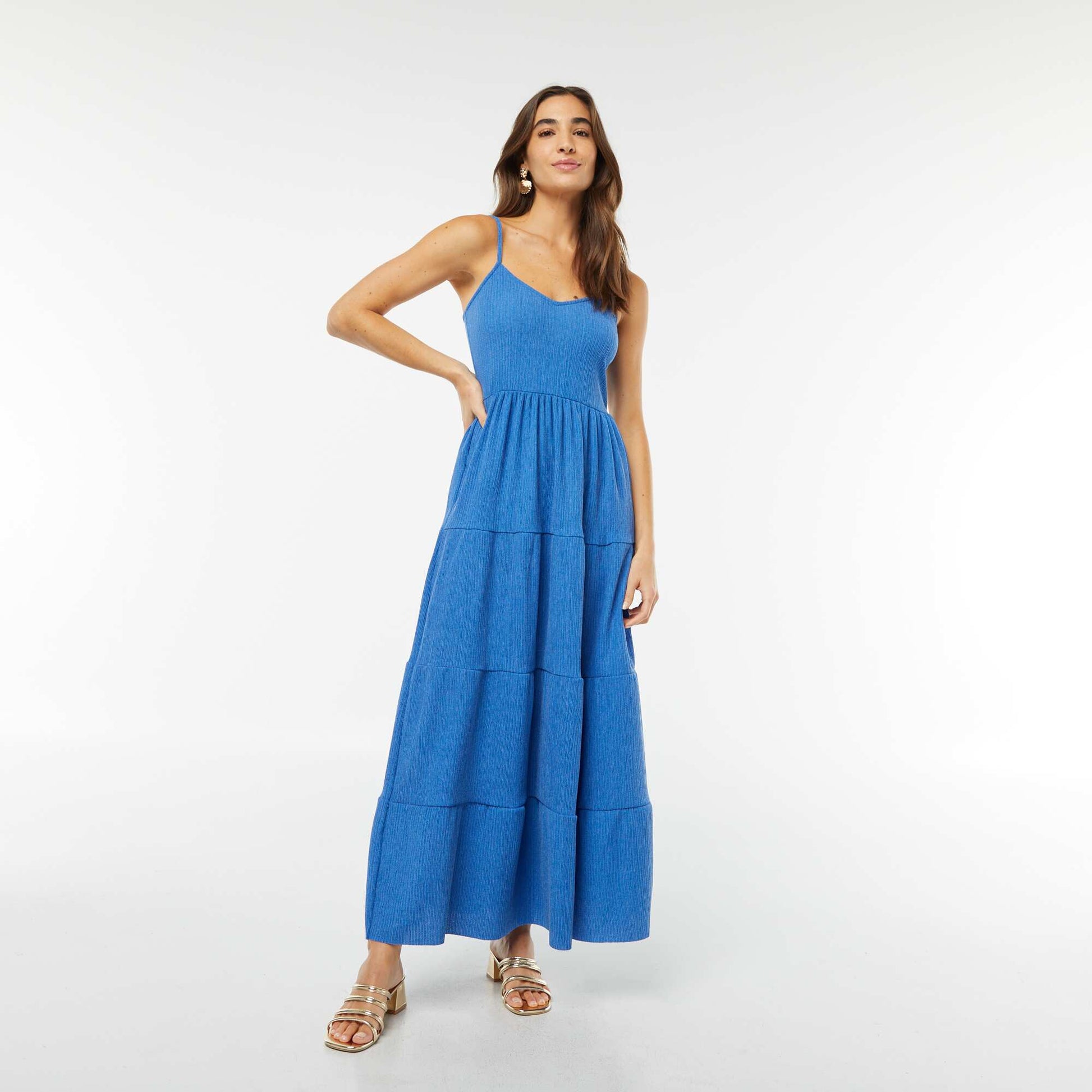Robe longue à étages avec fines bretelles BLEU