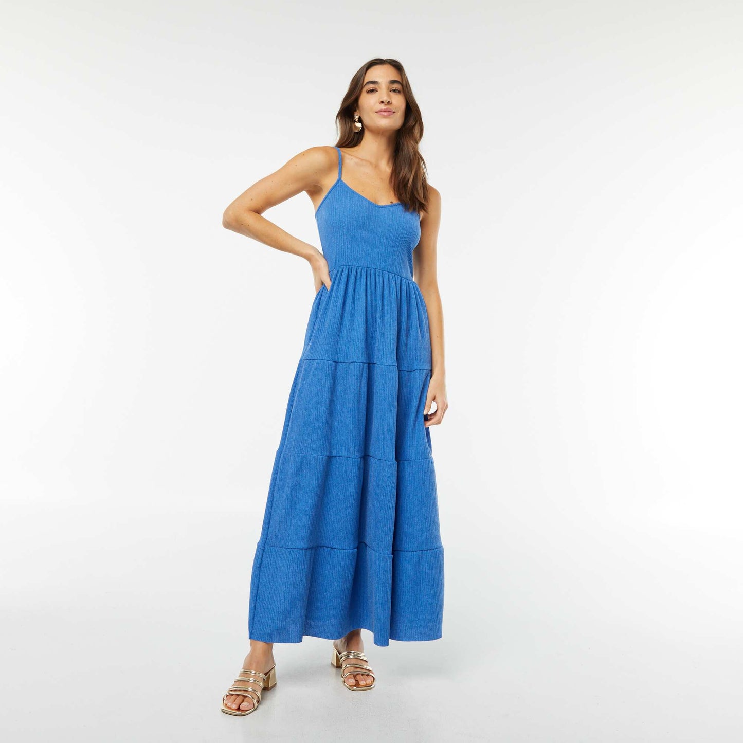 Robe longue à étages avec fines bretelles BLEU