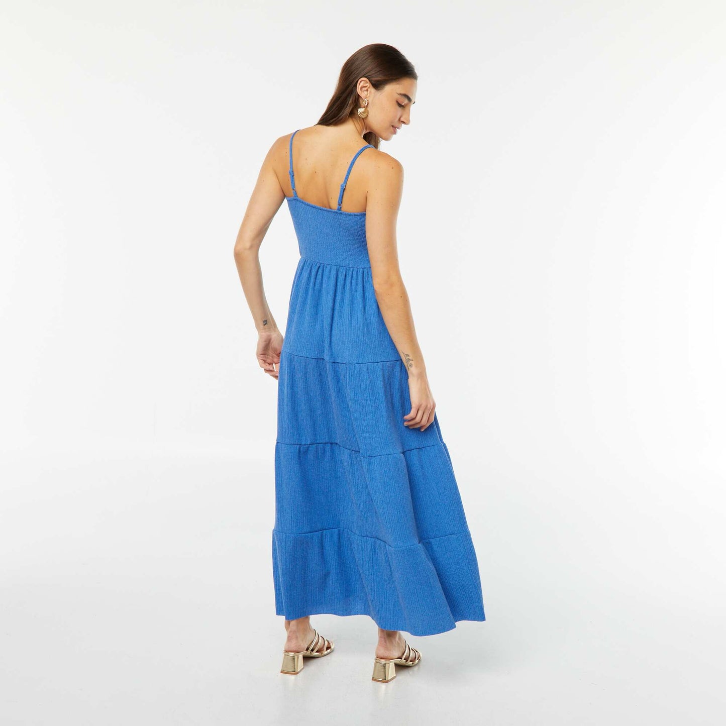 Robe longue à étages avec fines bretelles BLEU
