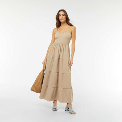 Robe longue à étages avec fines bretelles BEIGE