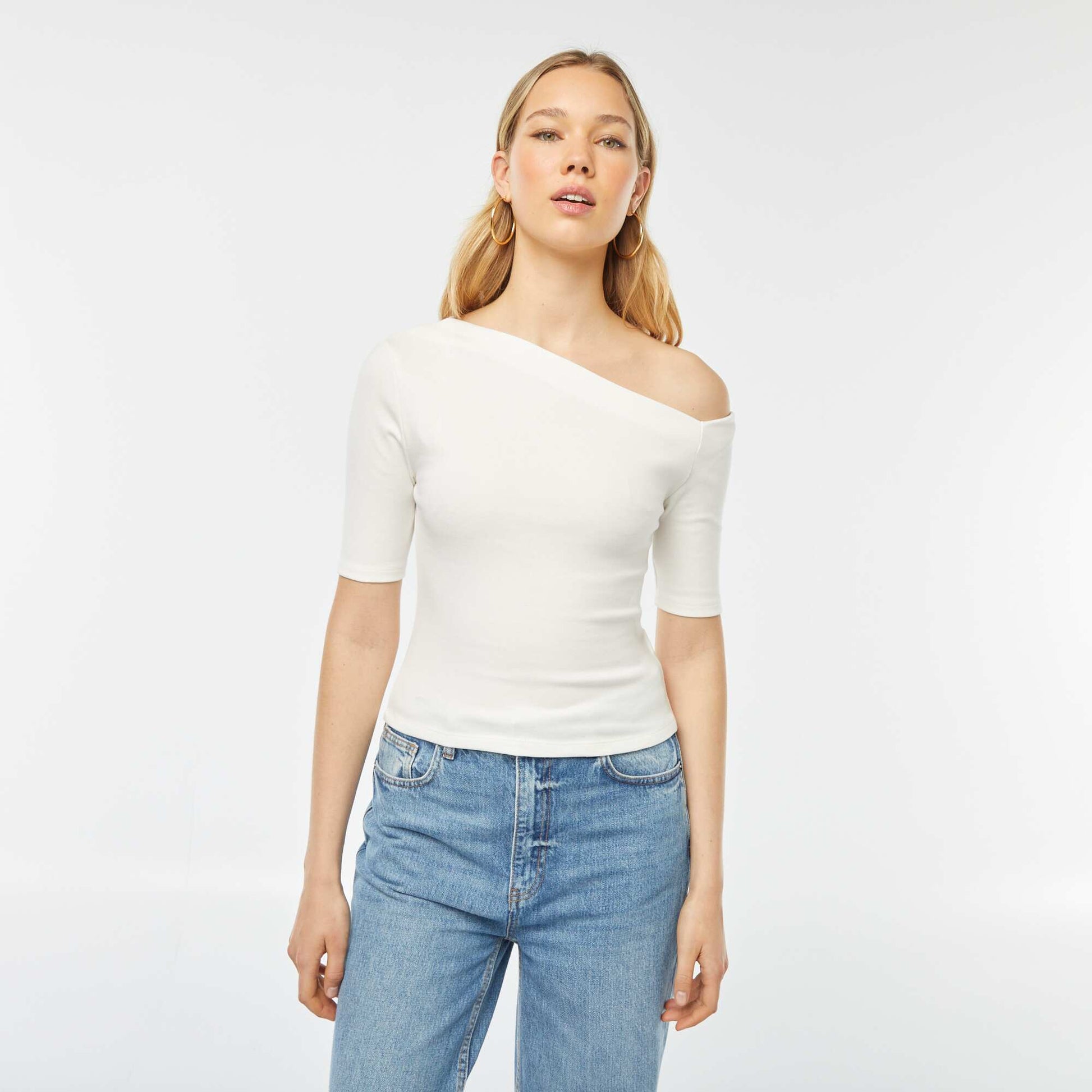 T-shirt asymétrique uni à manches courtes BLANC