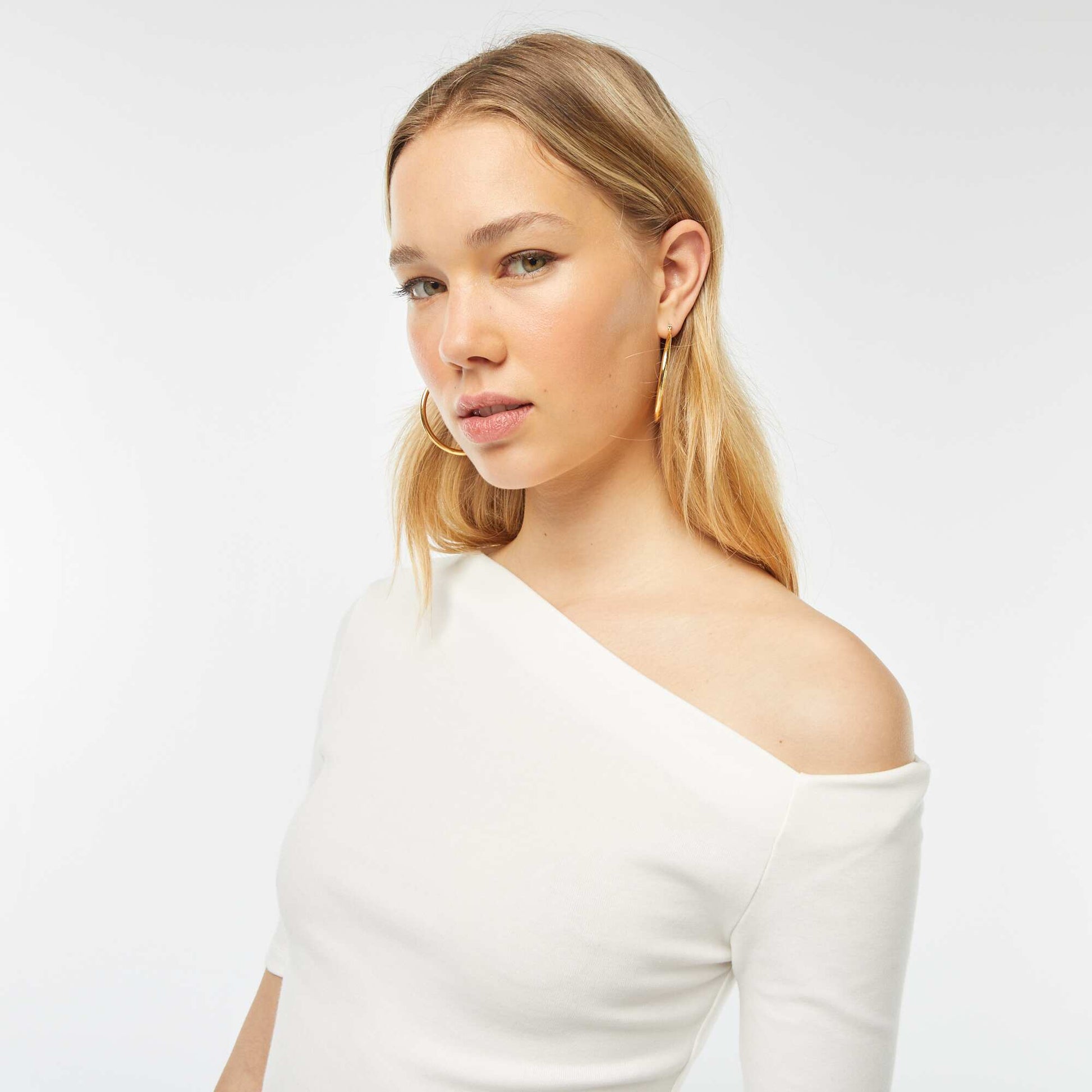 T-shirt asymétrique uni à manches courtes BLANC