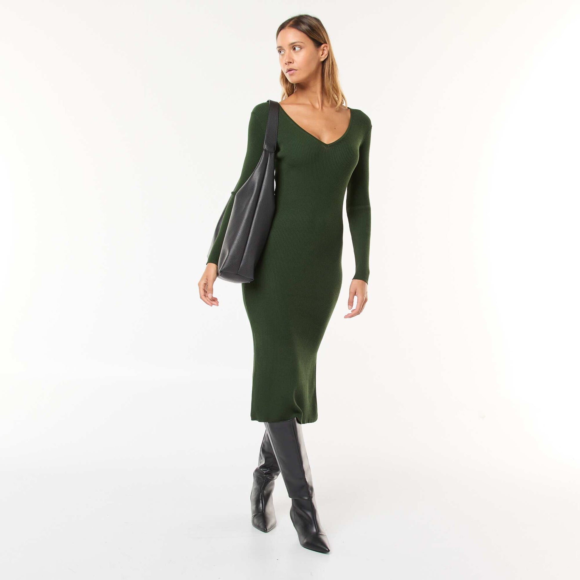 Robe pull longue en rib KAKI
