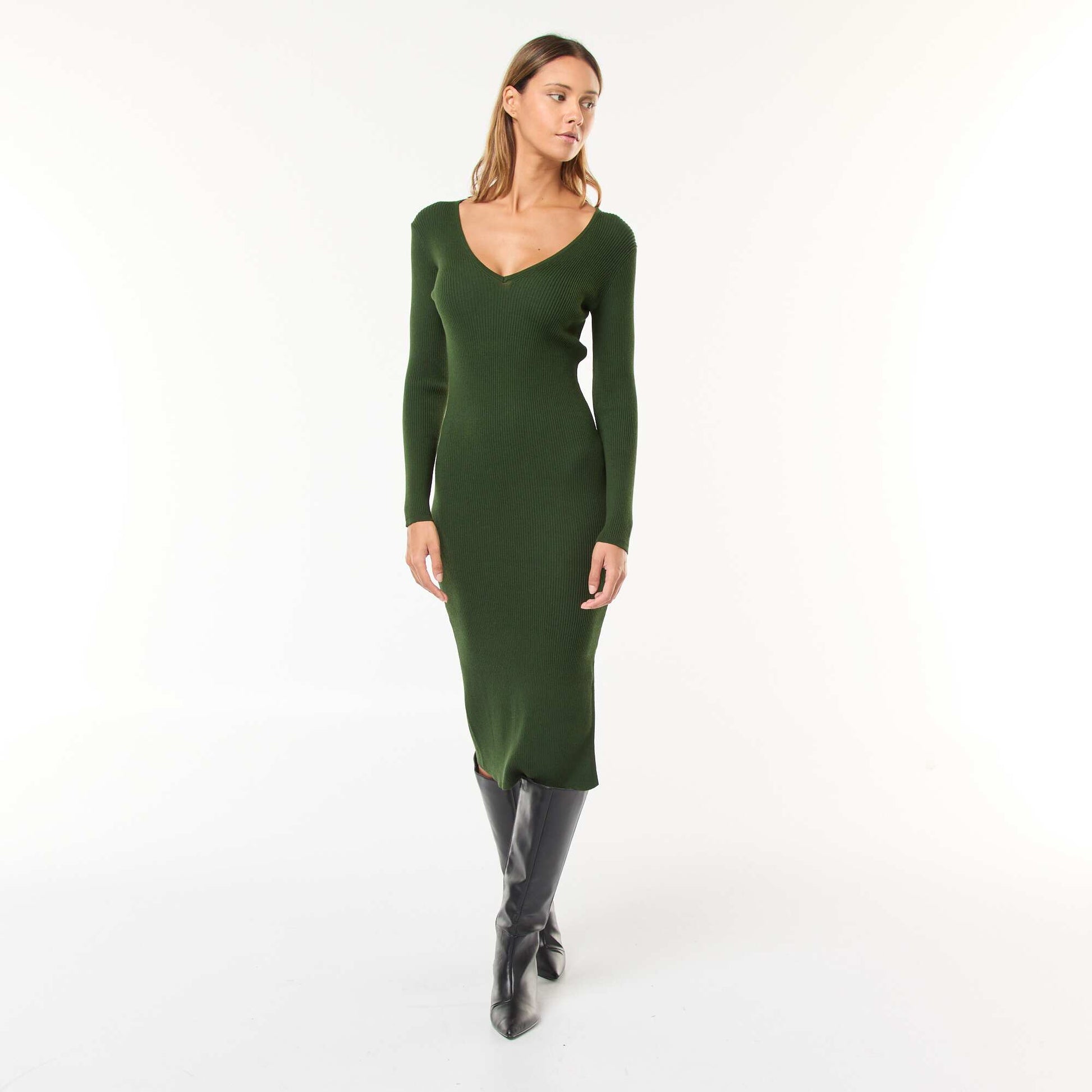 Robe pull longue en rib KAKI