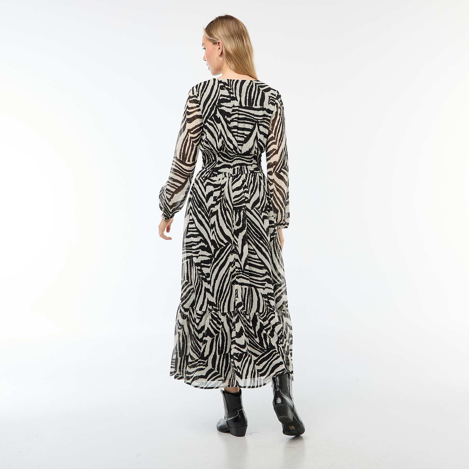 Robe longue imprimée à base volantée NOIR/BLANC