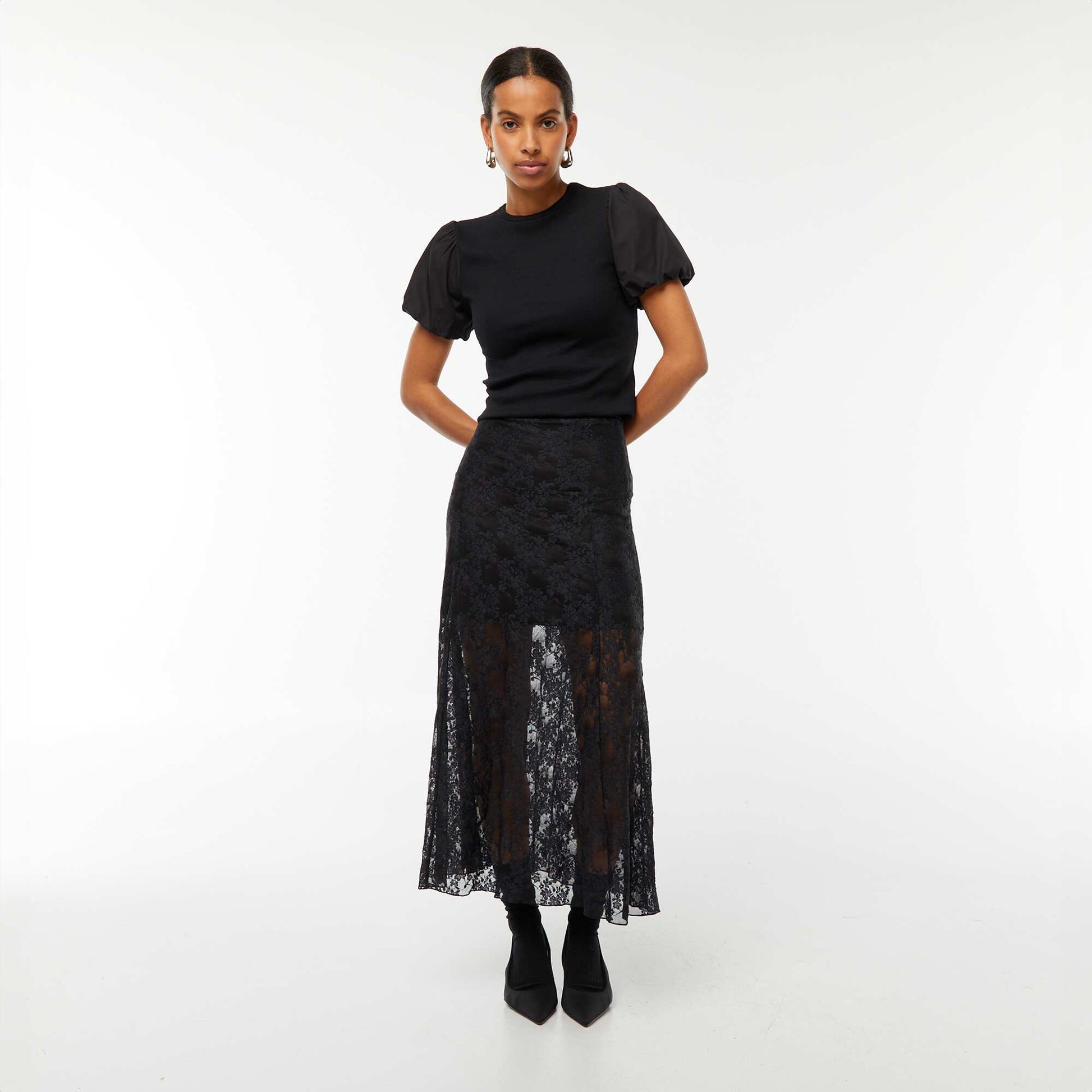 Tee-shirt cintré bi-matière avec manches bouffantes NOIR