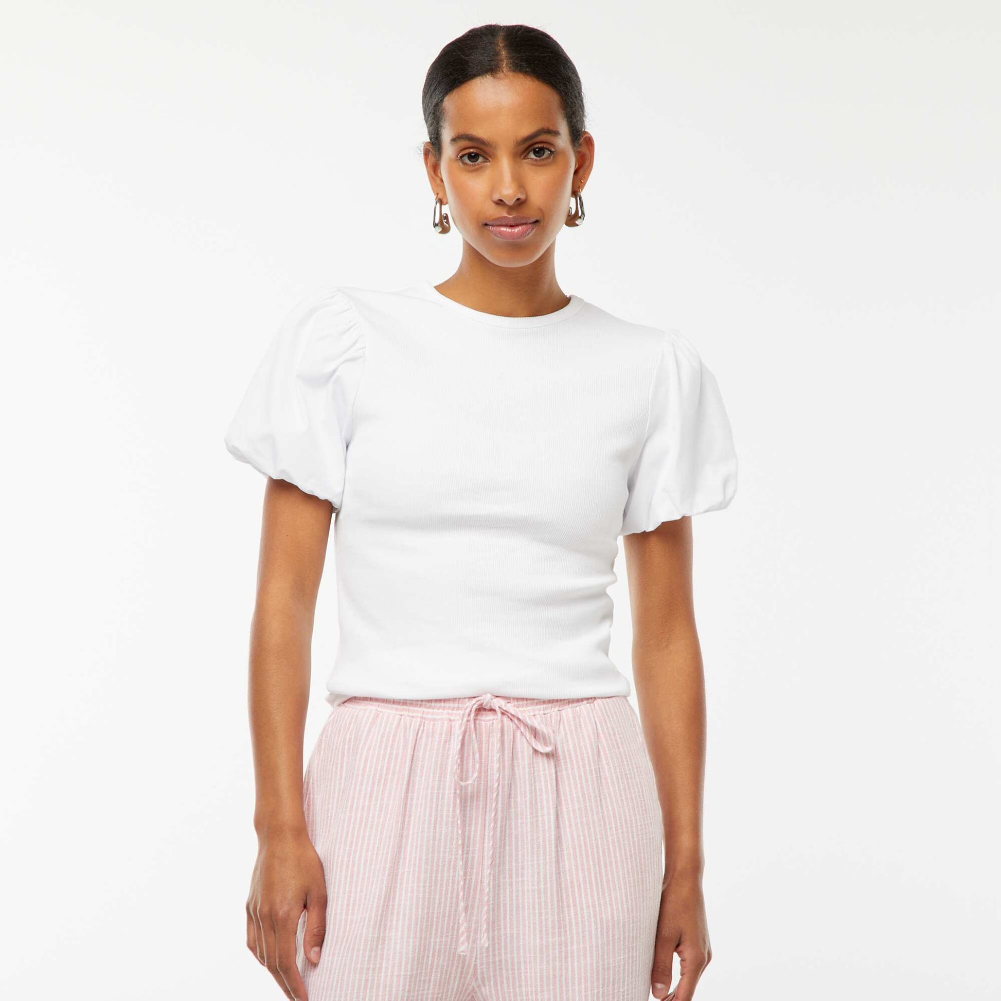 Tee-shirt cintré bi-matière avec manches bouffantes BLANC